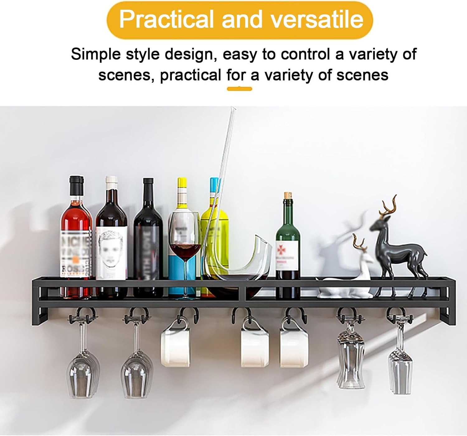 Wall Mounted Wine Rack,Metal Wine Glass Shelf,Floating Shelves,Hanging Goblet Shelf,Wine Bottle Organizer Multi-Functional Wine Storage Display Rack For Home Bar Dining Room Kitchen ( Color : Black ,