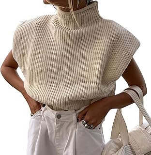 Women Sleeveless Turtleneck Sweater Vest Shoulder Pad Sweater Top Casual Solid Knitted Tank Pullovers