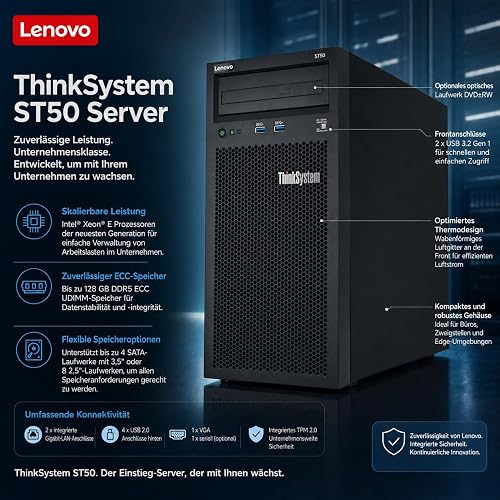 Lenovo Server ThinkSystem ST50 - CPU Intel Xeon E-2224G, 32 GB di RAM ECC, 2 SSD da 1 TB, Win Server 2025 Standard (ricondizionato) - 3