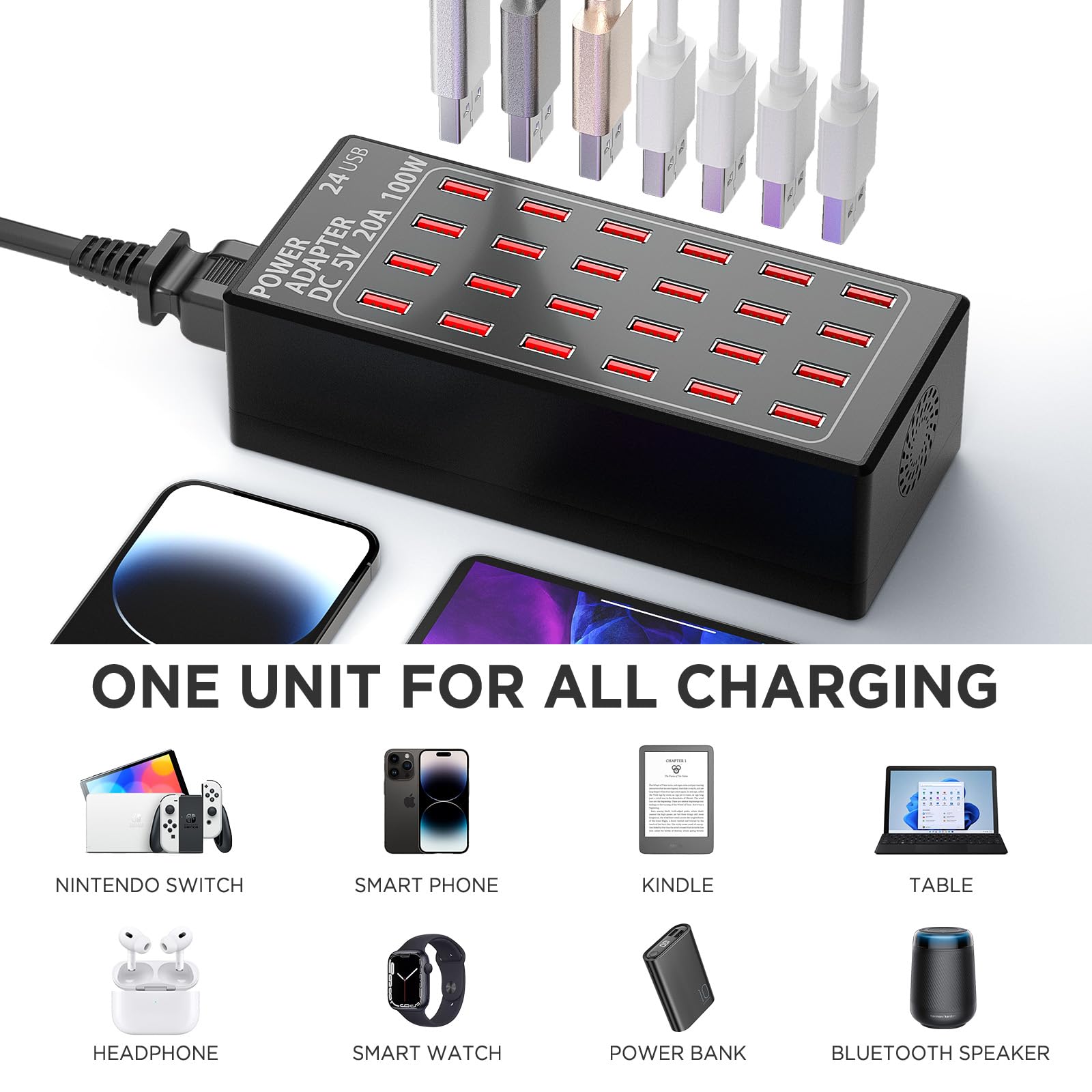 Station de charge 24 ports 100 W (20 A) pour plusieurs appareils, station de charge téléphonique avec charge rapide, plusieurs stations de charge USB pour hôtels, écoles, magasins