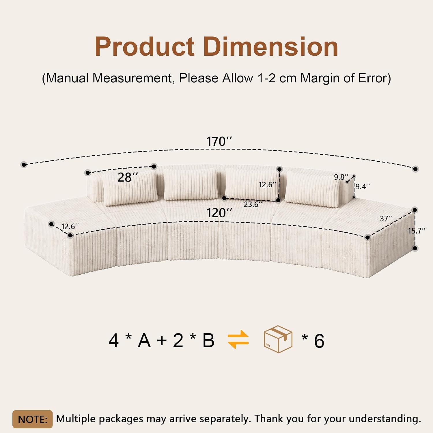 iPormis Boneless Sectional Couches for Living Room, Curved Cloud Couch with Upholstered Corduroy, Modular Sofa with Deep Seat, No Assembly Required, 4 Seats and 2 Ottomans, Beige