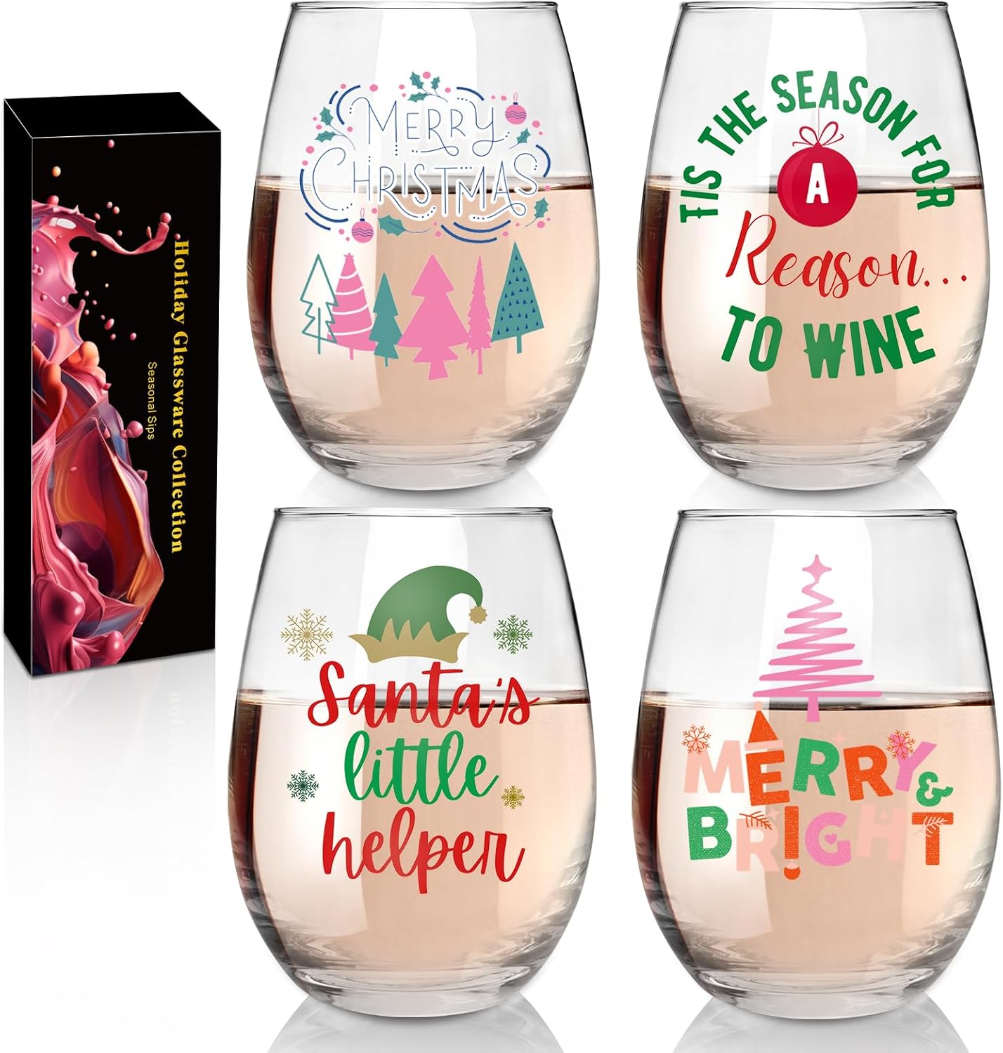 CNVOILA Christmas Stemless Wine Glasses, Funny Christmas Wine Glasses