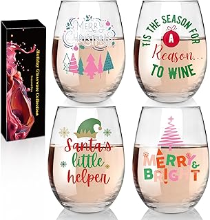 CNVOILA 18oz Christmas Wine Glasses, Funny Christmas Glasses Drinkware, Set of 4 Friendsgiving Wine Glasses for Women - White Elephant Gifts for Adults