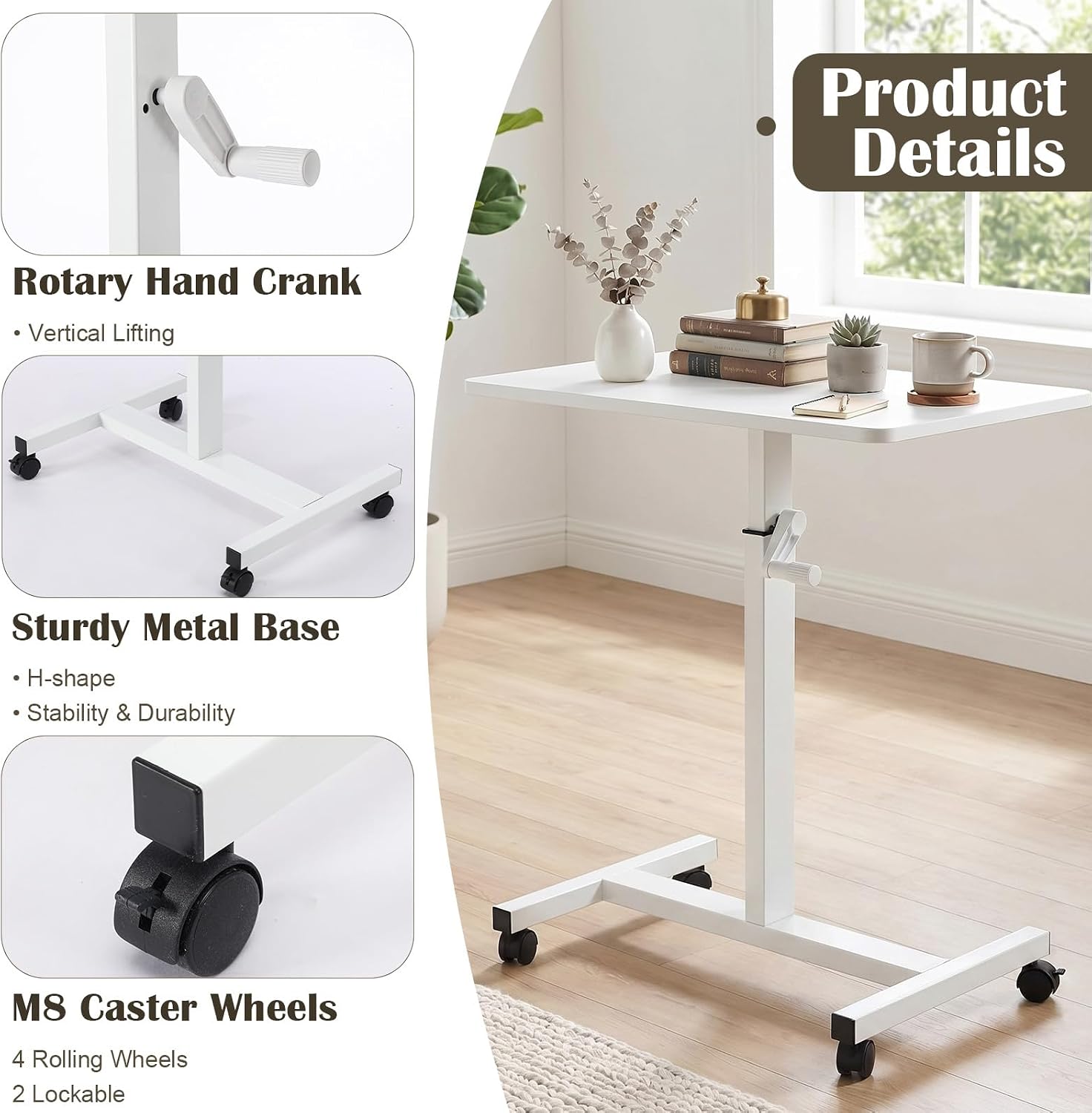Sintuff Mobile Small Rolling Standing Desk for Classroom, Adjustable Crank Lift Teacher Desk with Lockable Backrest, Wheeled Teacher Ergonomic Side Table for Back to School Classroom Office Home