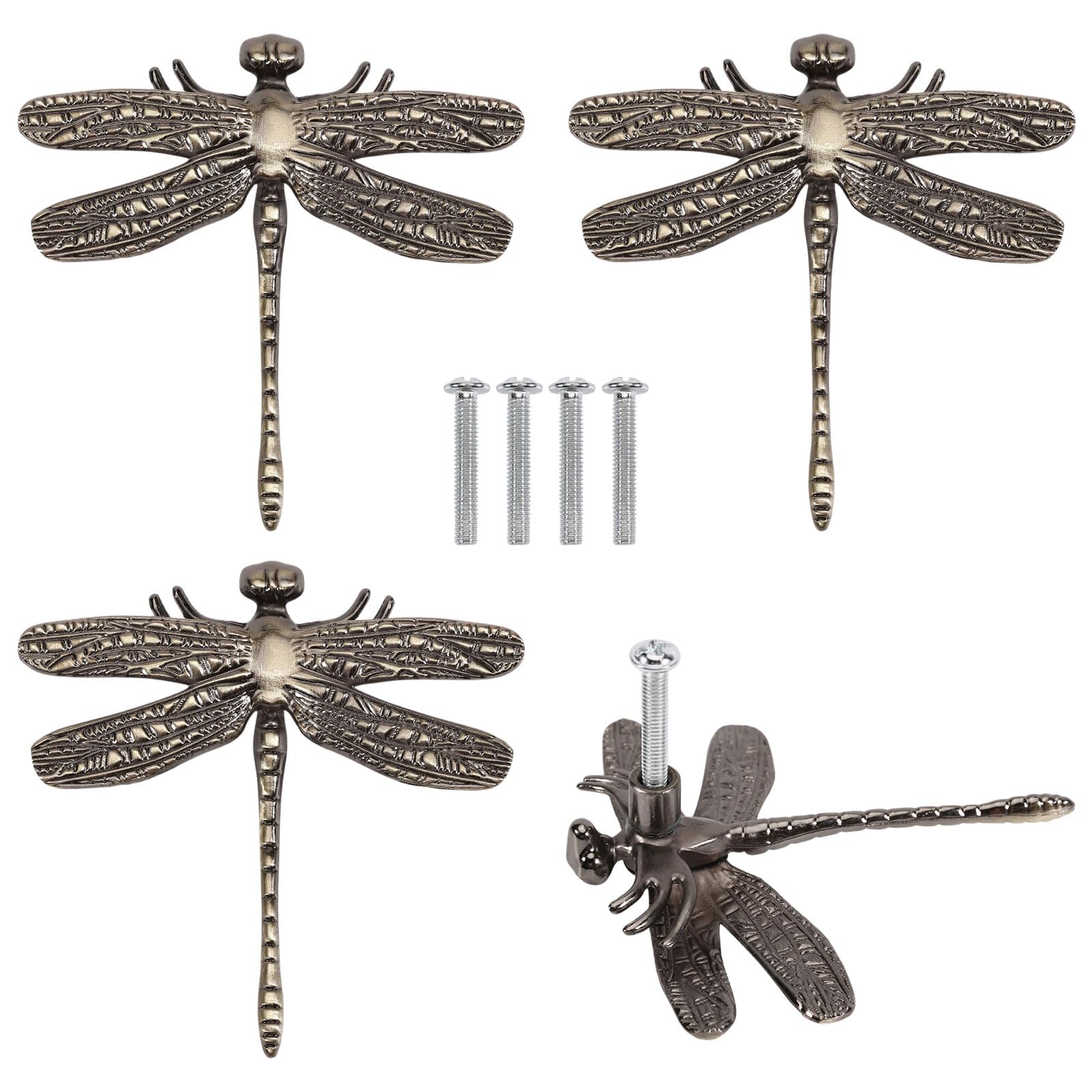 CONCHLERY 4Pcs Brass Dragonfly Cabinet Knobs Decorative Door Knobs for Cabinet Dresser 3.1x3.1x0.8In Antique Bronze