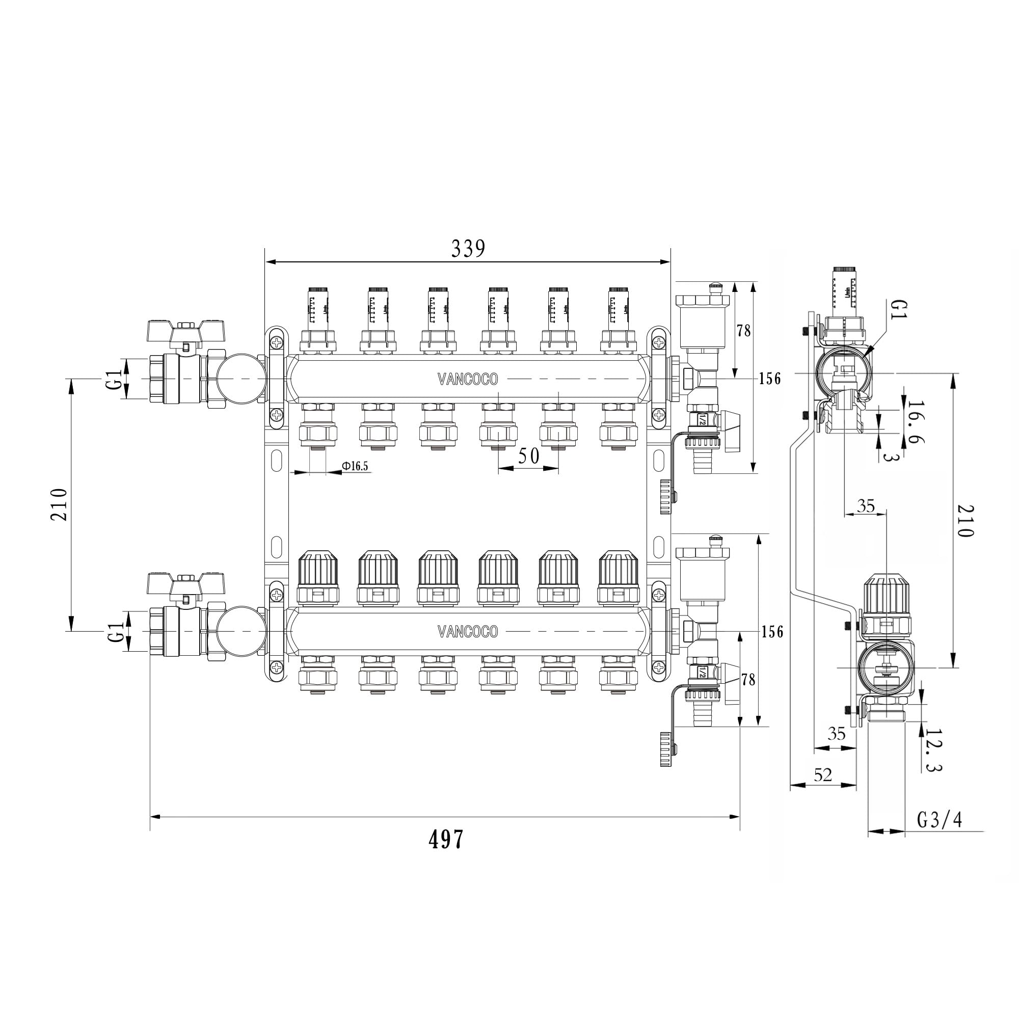 VANCOCO Collettore Riscaldamento Pavimento in Acciaio Inox 6 Circuiti, Eurokonus 16×2 mm, Kit Sfiato Veloce, Valvole a Sfera 1", Portata 5 L/min, Misuratore di Portata
