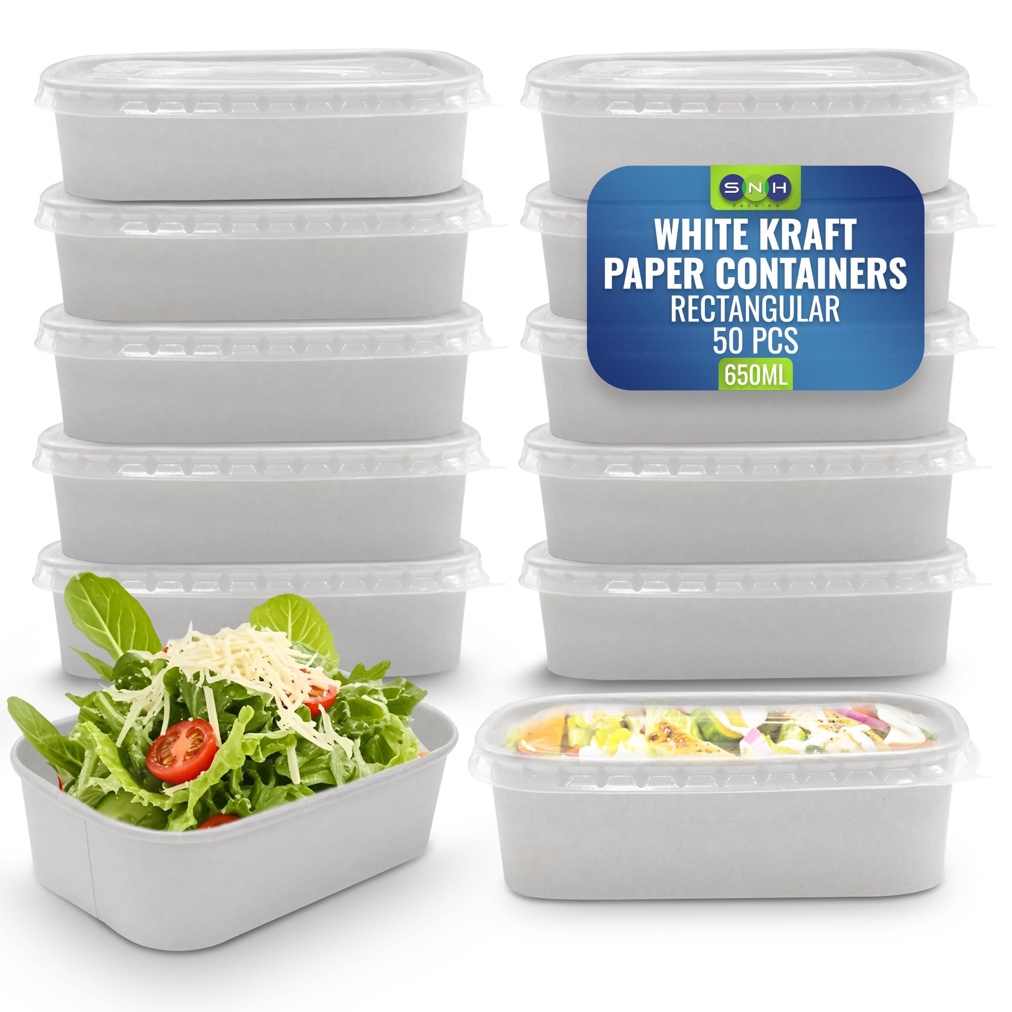 SNH PackingWhite 50-Pack Rectangular Kraft Paper 650 ml Disposable Meal Boxes with Lids - Heavy-Duty, Microwave-Safe, Leak-Resistant Takeaway Containers for Hot & Cold Food, Meal Prep, BBQ, Salads