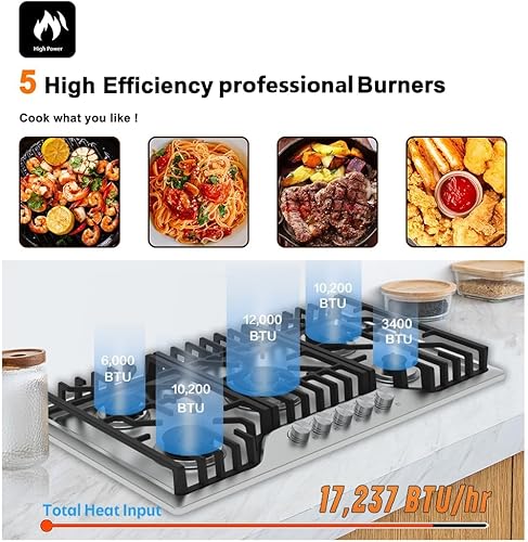 Miniatura 2 de Placa de cocina de gas, estufa de gas integrada de 30 pulgadas con 5 quemadores, placa de propano de cinco quemadores con protección de termopar,