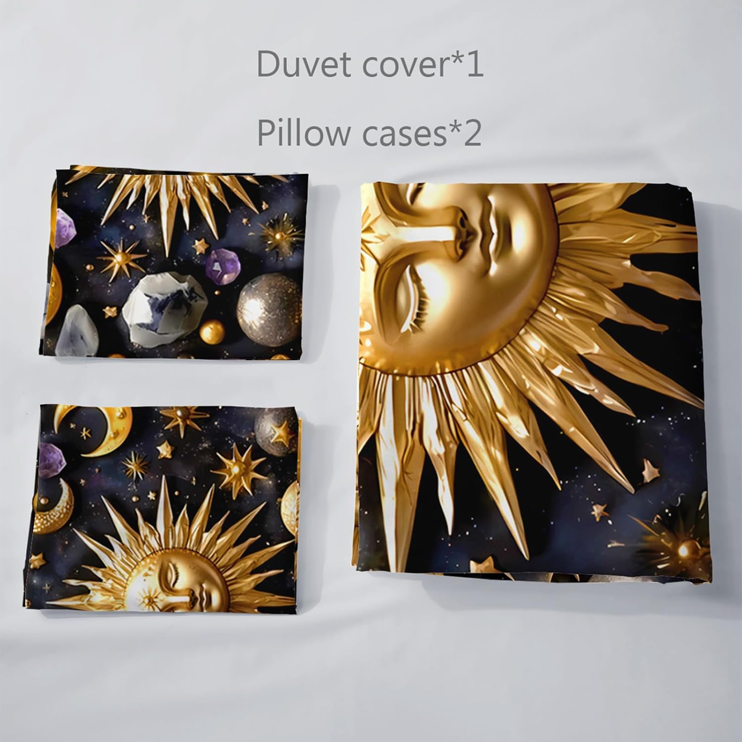 AILONEN Sun and Moon Bedding Set King Size, Boho Hippie Style Soft Duvet Cover Set,Galaxy Starry Universe Comforter Cover with Zipper,1 Quilt Cover and 2 Pillowcases