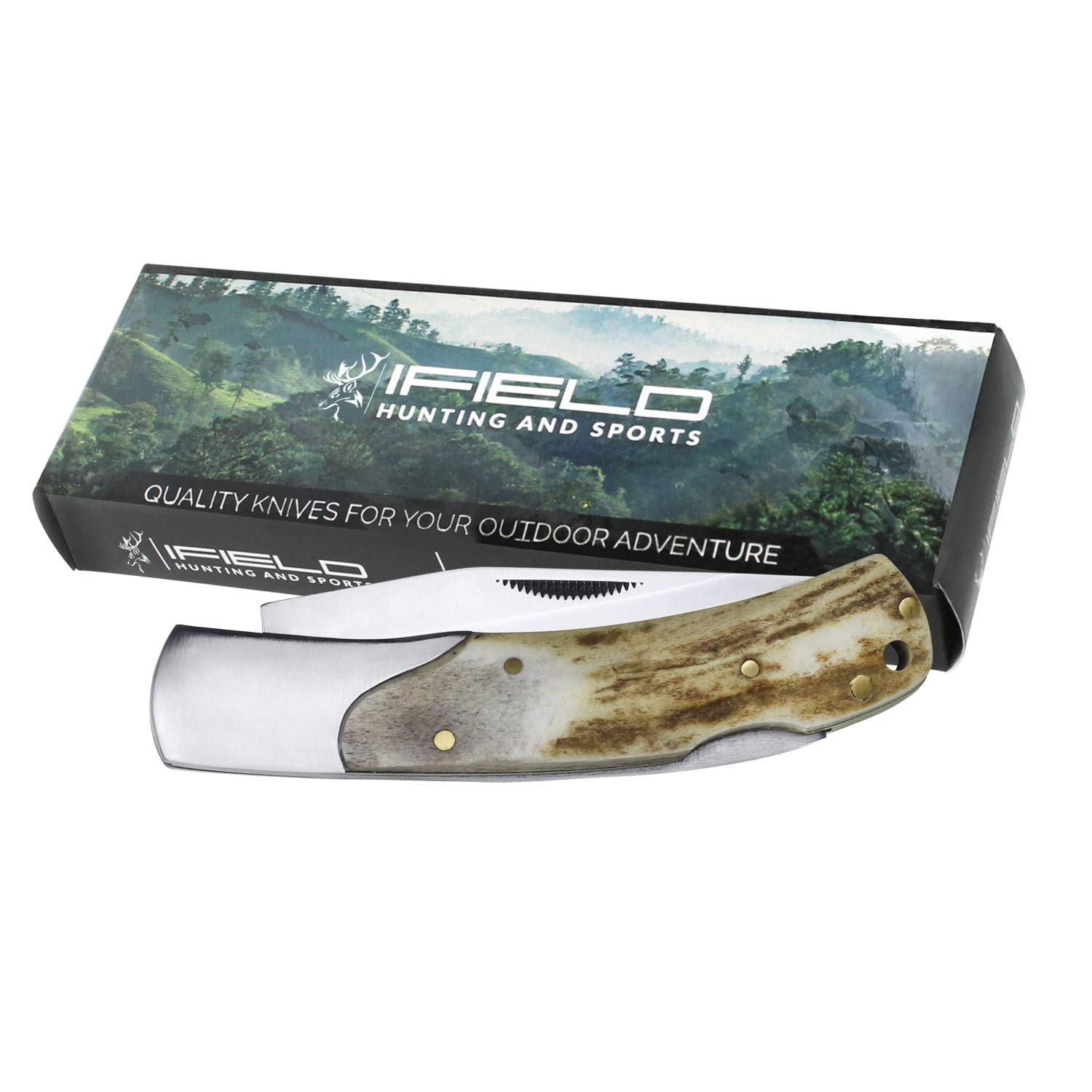 iFIELD EL29034 coltello da caccia pieghevole Bushcraft Sopravvivenza Escursionismo Campeggio, lama in acciaio inox con manico in corno di cervo, Made in Albacete (Spagna)