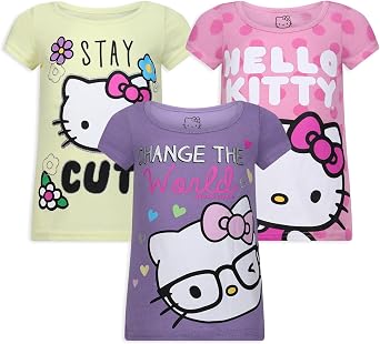 Hello Kitty Sanrio Girls 3 Pack Short Sleeve T-Shirt for Little and Big Kids