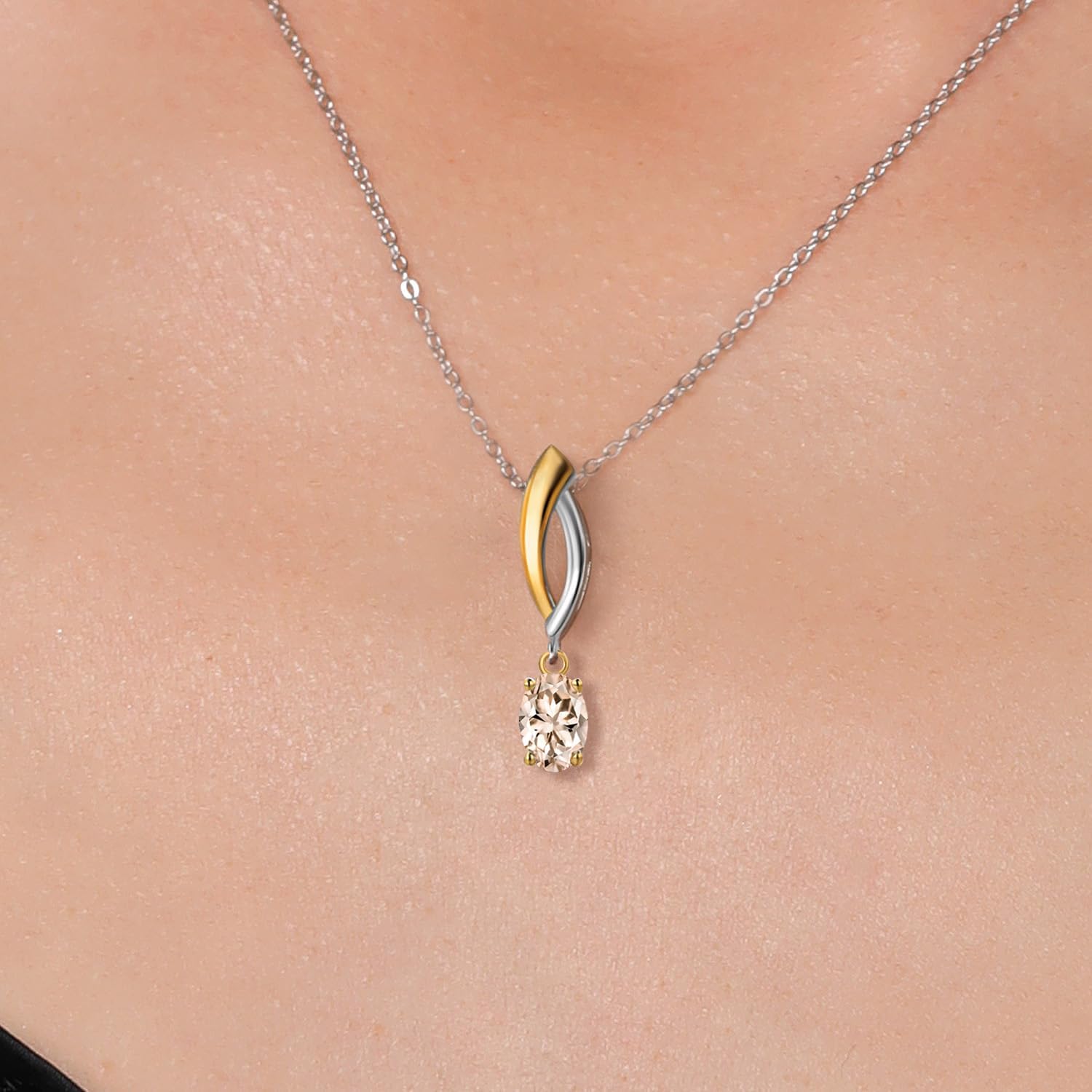 Gem Stone King 925 Silver and 10K Yellow Gold Peach Morganite Pendant Necklace for Women | 0.50 Cttw | Gemstone October Birthstone | Oval 6X4MM | With 18 Inch Silver Chain - Image 3