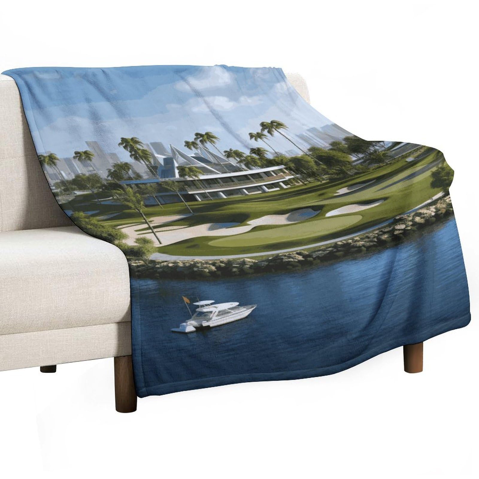 Plaid en flanelle douce thème golf et yachting au toucher soyeux