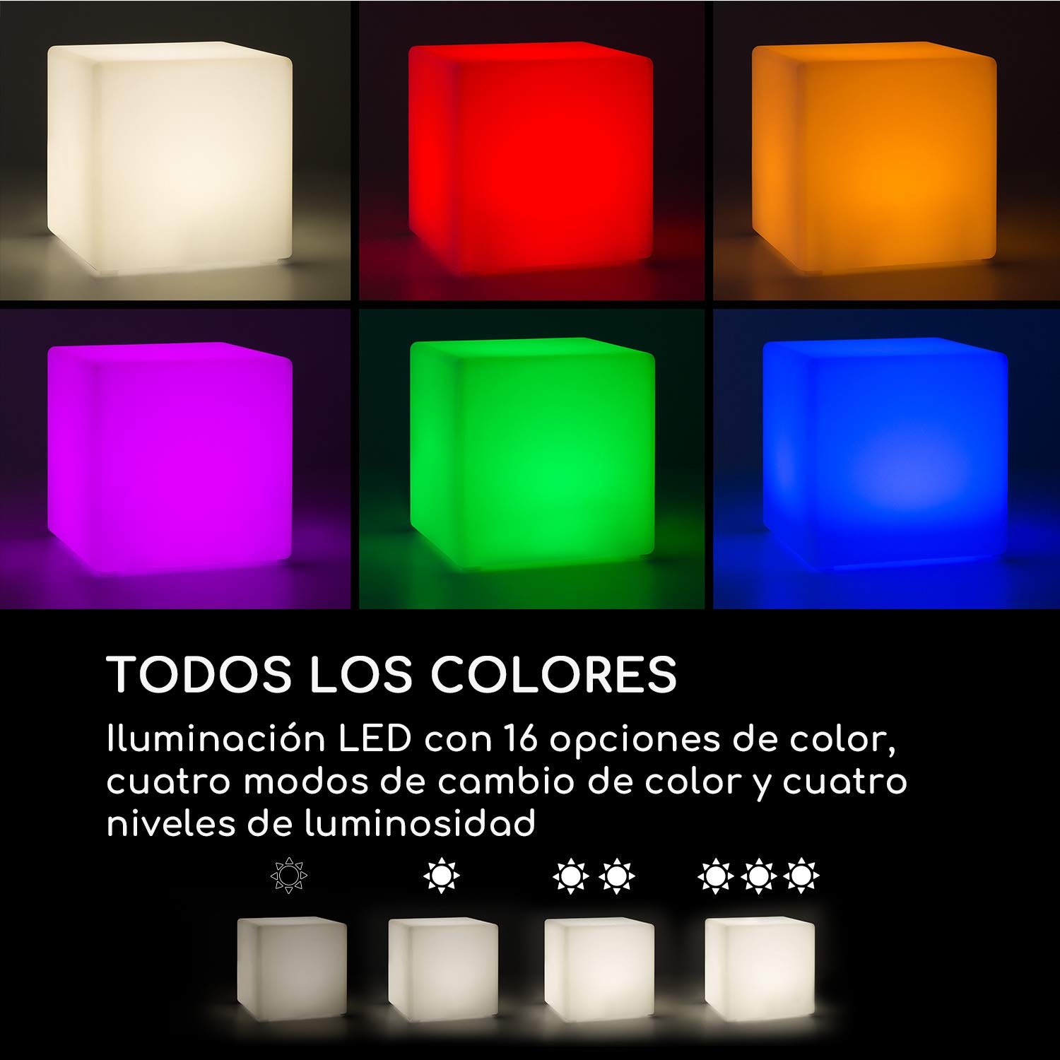 blumfeldt Shinecube XL lámpara de jardín con iluminación LED en 16 Colores, 40 x 40 x 40 cm, Modos de luz: Strobe, Flash, Fade, Smooth, Impermeable, Mando, batería, Interior/Exterior, PE, Blanco