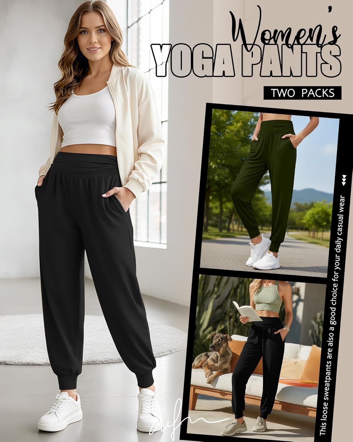 2 Pack Women's Yoga Joggers, Cozy Sweatpants with Pockets Casual Loose Comfy High Waisted Lounge Pants - Image 6