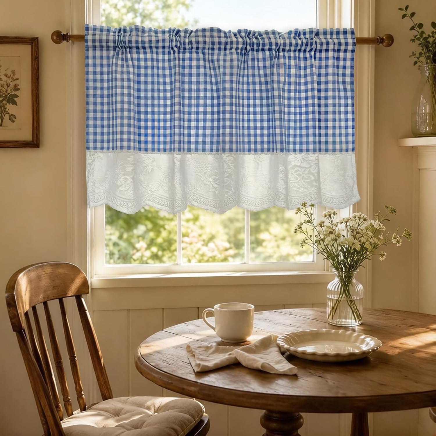JarThenaAMCS Blue Gingham Lace Trim Window Valance Ruffled Kitchen Short Window Curtain Tiers for Windows Rod Home Kitchen Cafe Bathroom Decoration 1 Panel, 39 x 20 Inch