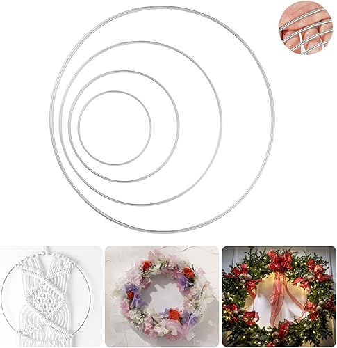 Miniatura 4 de Paquete de 8 anillos de aro de metal grande con diseño floral de macramé plateado (6 pulgadas, 8 pulgadas, 10 pulgadas, 12 pulgadas) para hacer