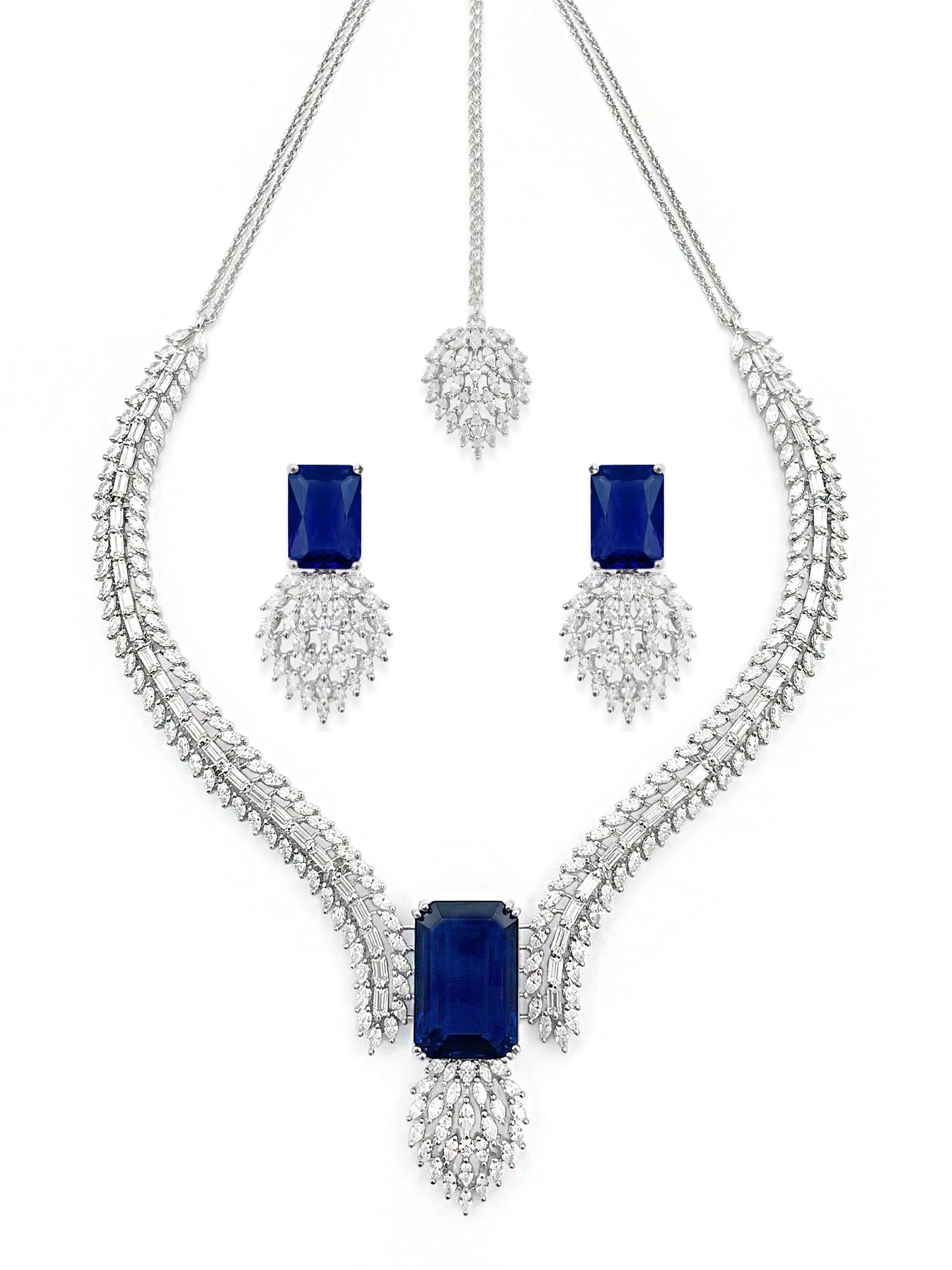 karatcart Designer Silver-Plated Royal Blue American Diamond Necklace Set for Women-picture-12