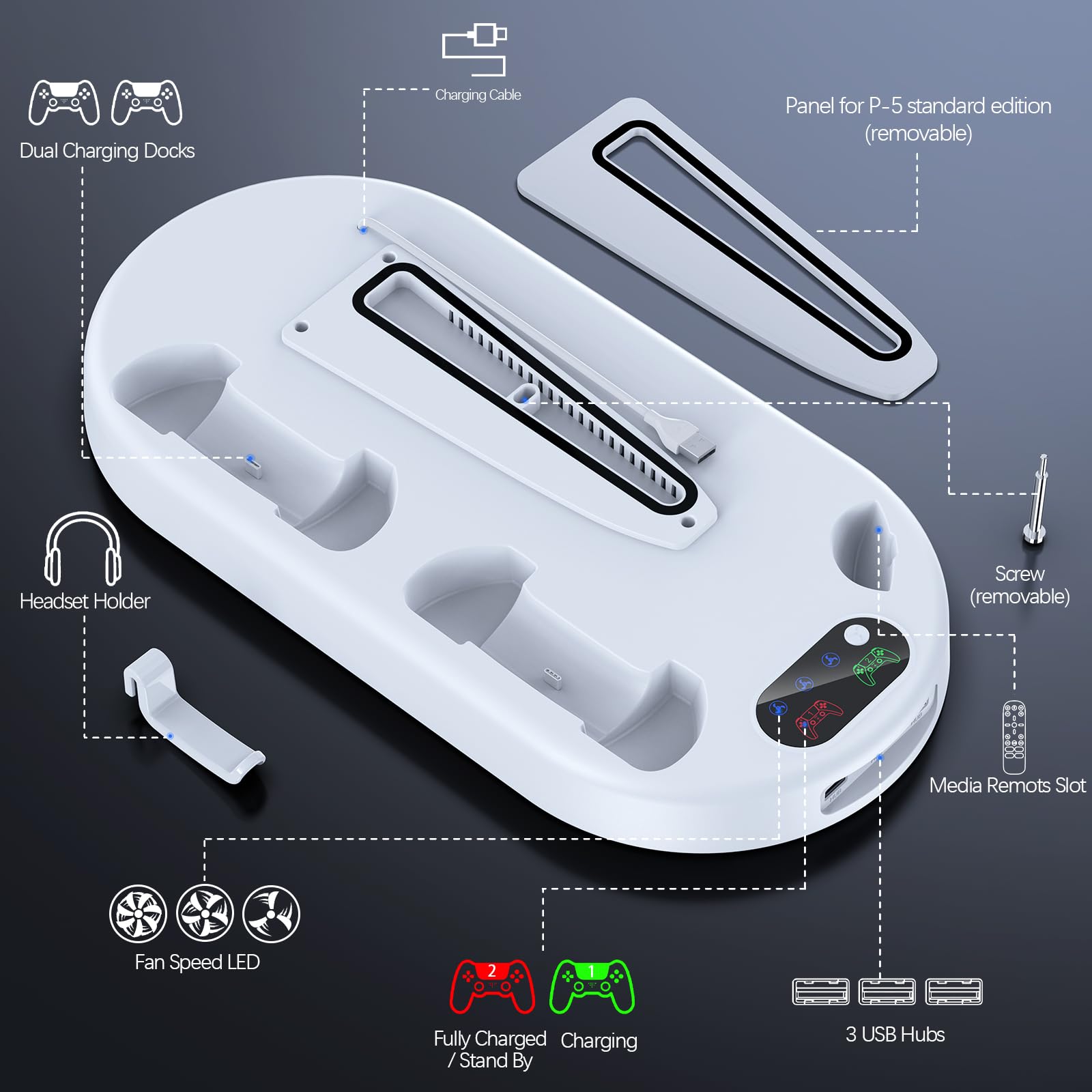 AMZDM Stacja chłodząca do PS5 Pro ze stacją ładującą do konsoli PlayStation 5 ze stacją dokującą i ładowarką PlayStation 5 Pro oraz dyskiem cienkim i cyfrowym, biała