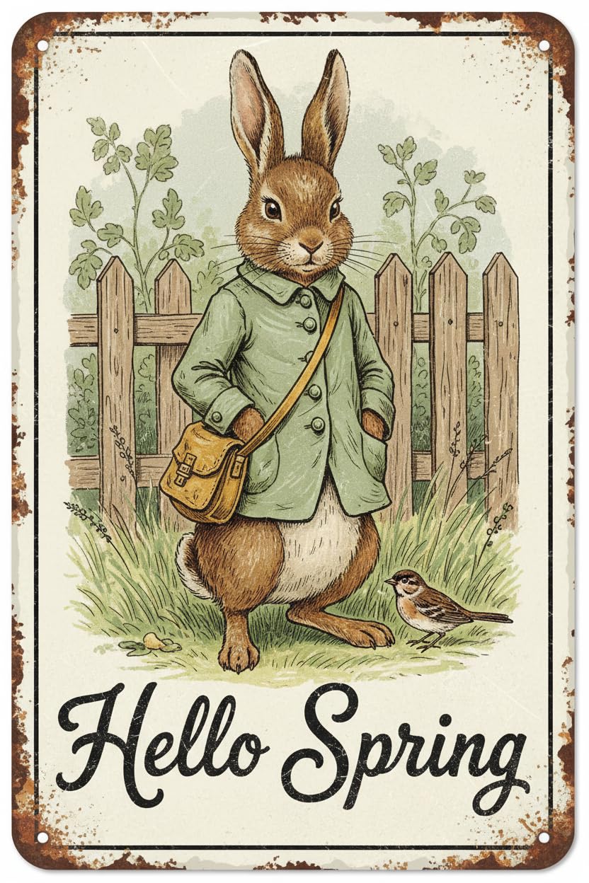 Hello Spring Easter Bunny Tin Sign, 8x12 Inch Kitchen