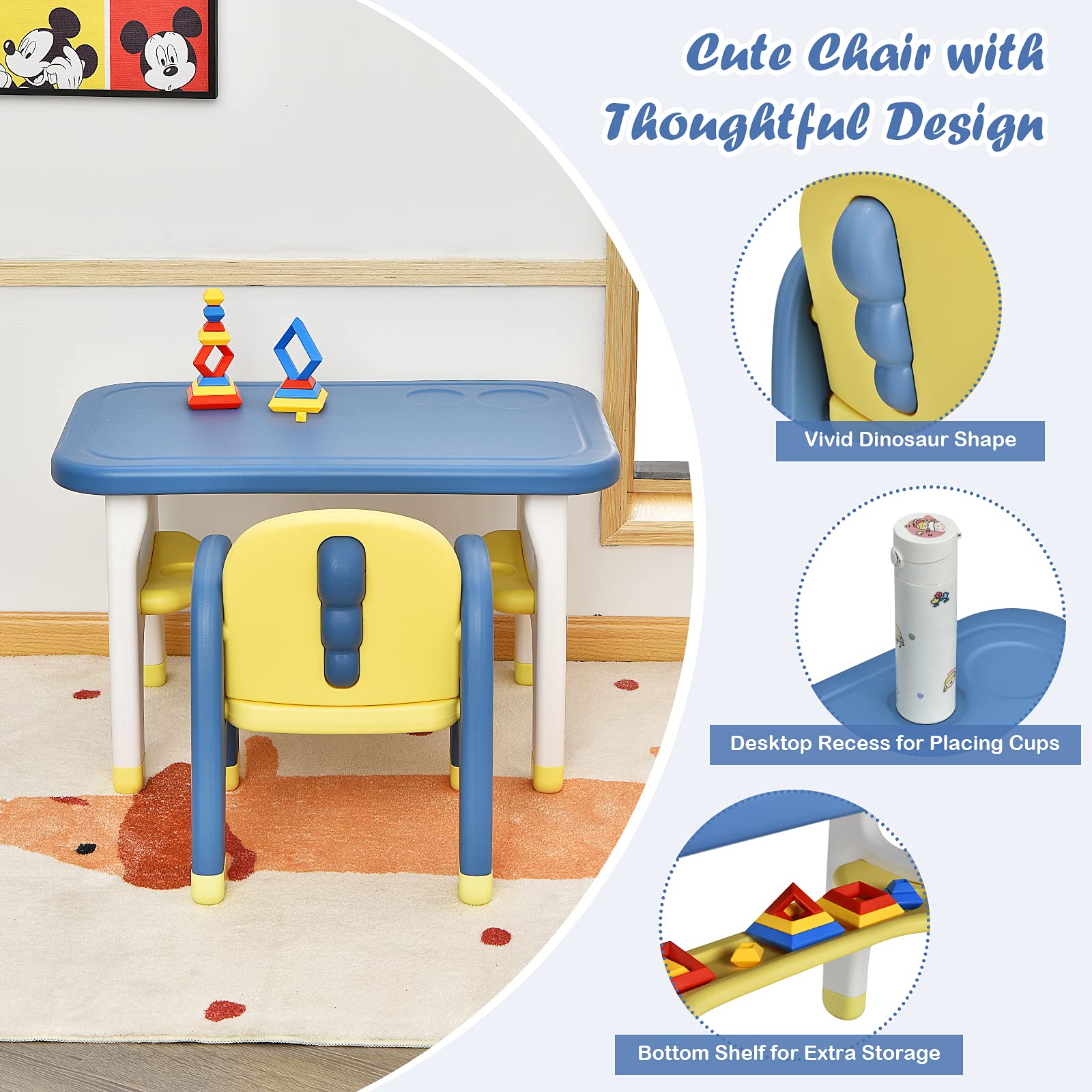 RELAX4LIFE Set Tavolo e Sedia per Bambini, Sedia a Forma di Dinosauro, Inclusi 3 Set di Costruzioni, Carico 30 kg (Blu)
