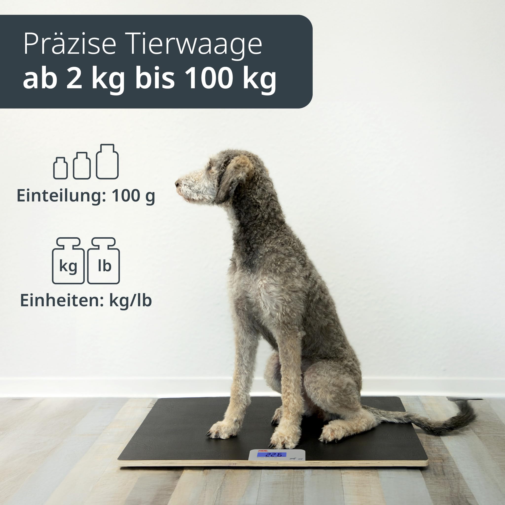 ADE Digitale Tierwaage bis 100 kg | große Hundewaage XL | extra leicht und flach | pfotenfreundliche Oberfläche | auch für Katzen und Kleintiere