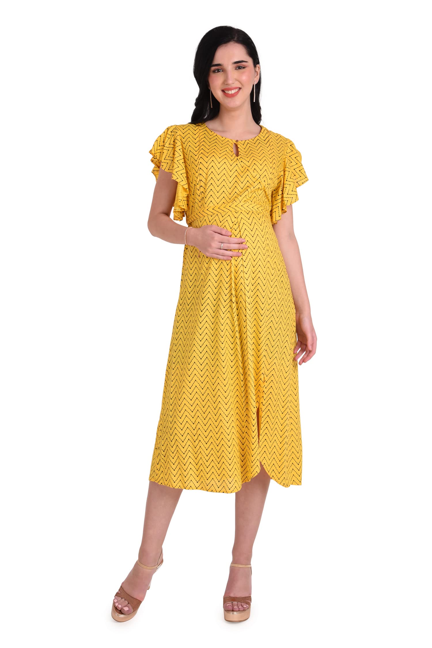 Mothersyard™ Women's Cotton Rayon A- Line Long Maternity Dress/Easy Breast Feeding/Breastfeeding Dress/Western Dress with Zippers for Nursing Pre and Post Pregnancy with Jacket