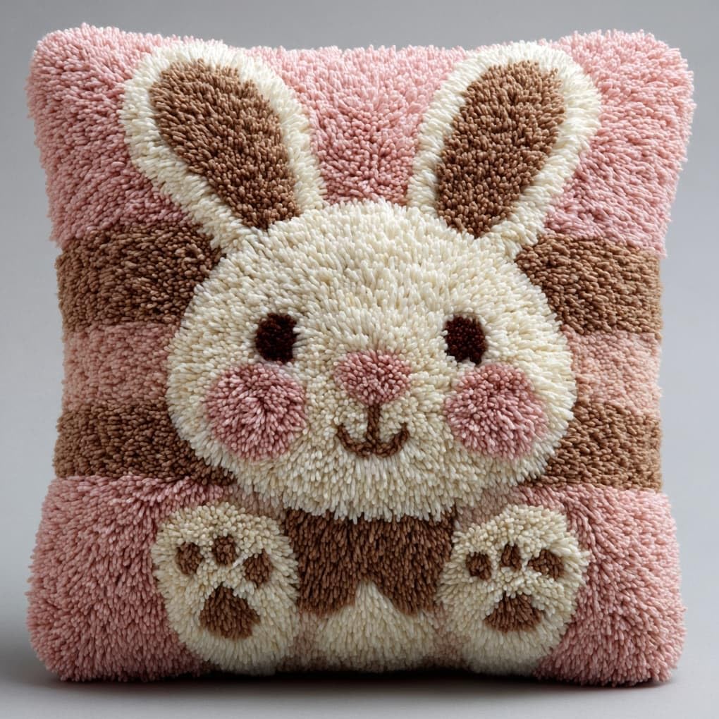 Henypt DIY Latch Hook Cushion Kit,Animal Rabbit 43x43cm Sofa Pillow Cover Making Set,Premium Yarn & Printed Canvas with Clear Instructions
