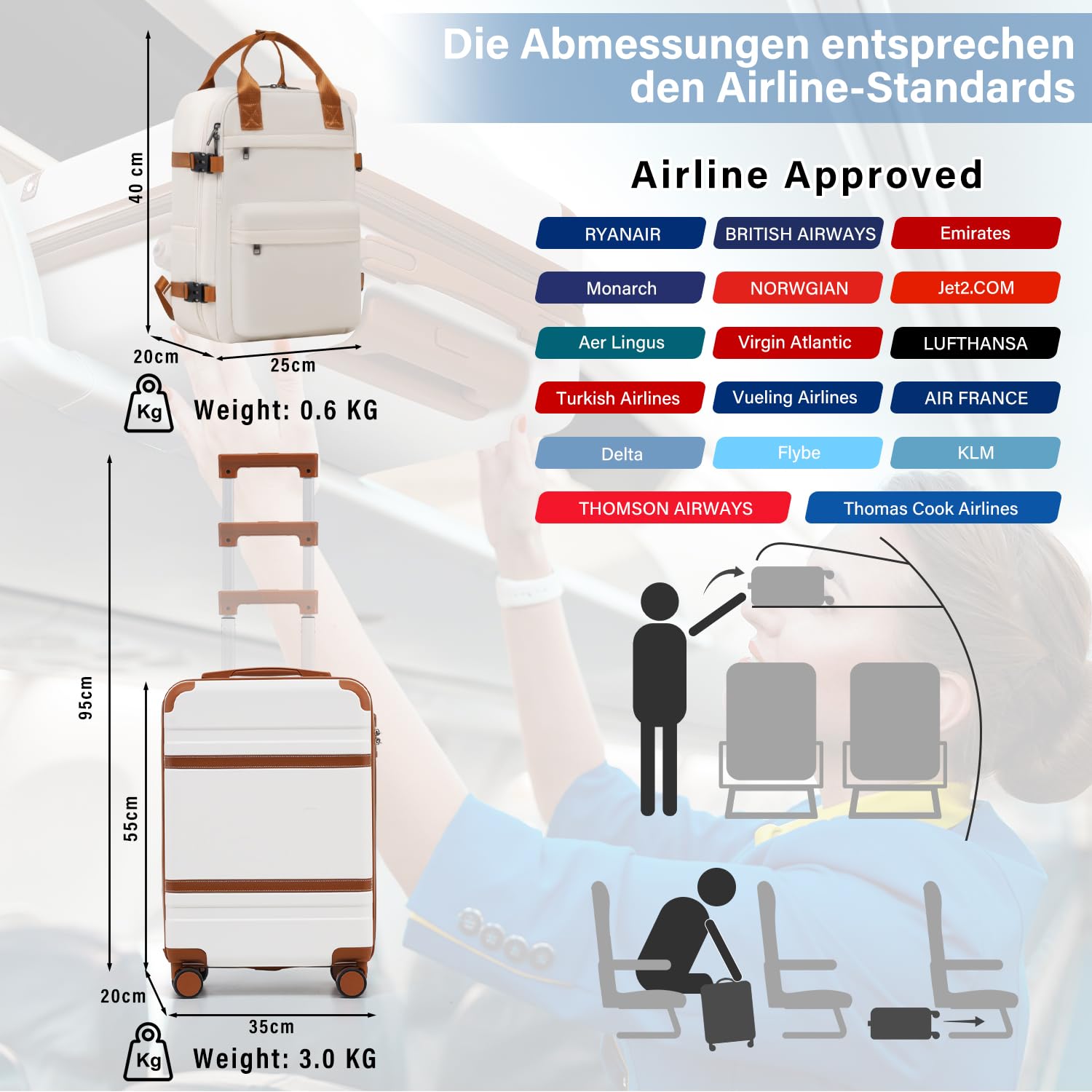 COOLIFE Ryanair Valigia Bagaglio a mano,Set di Valigie,Trolley,Valigia da cabina 55×35×20 e zaino da imbarco 20L(40×25×20cm) Chiusura a combinazione laterale con TSA (Blu Marrone, 55×35×20 -Set 2pzs)