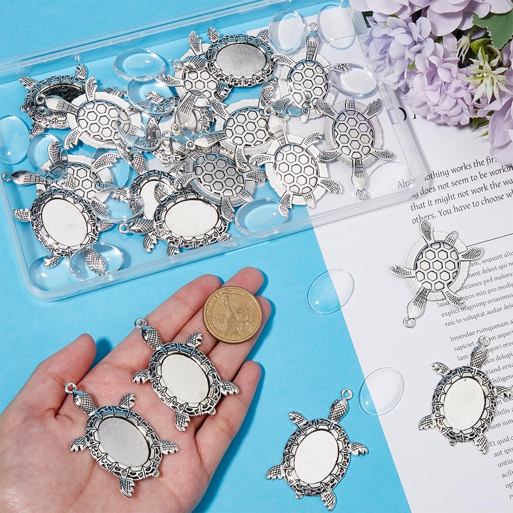 1 Box 20 Sets Cabochon Bezel Tray Cabochon Bezel Setting with Oval Cabochons Summer Alloy Antique Silver Blank Ocean Turtle Animal Pendant Setting for Jewelry Making Charms Necklace DIY Craft