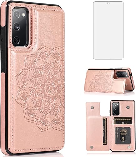 Asuwish Funda compatible con Samsung Galaxy S20 FE y protector de pantalla de vidrio templado, ranura para tarjetero, soporte para tarjetero,