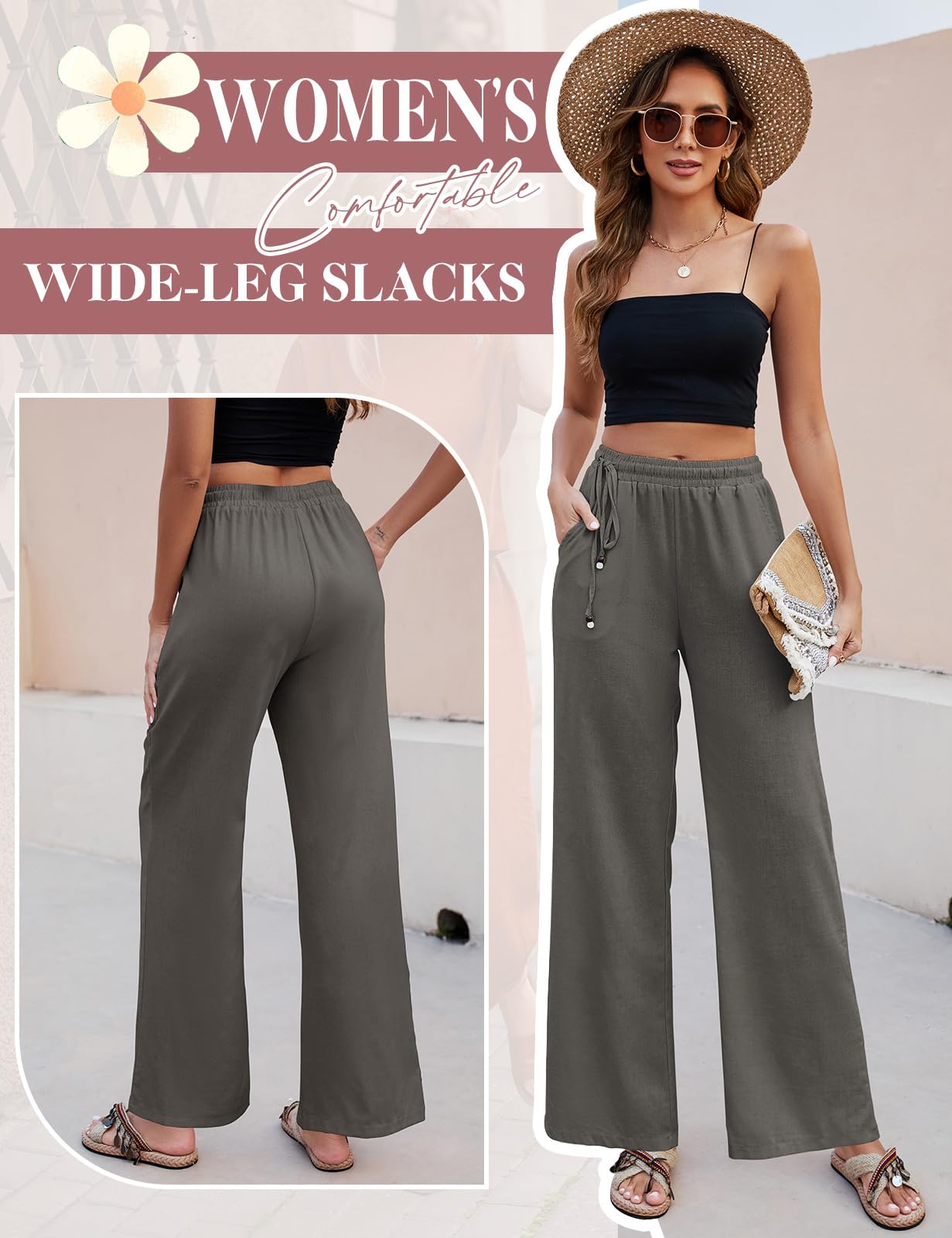 PASUDA Pantaloni Donna Pantaloni in Lino Estivi Larghi da Donna Eleganti Elastico Vita Alta Pantaloni Gamba Dritta Casual Leggeri Pantalone con Tasche e Coulisse Laterale