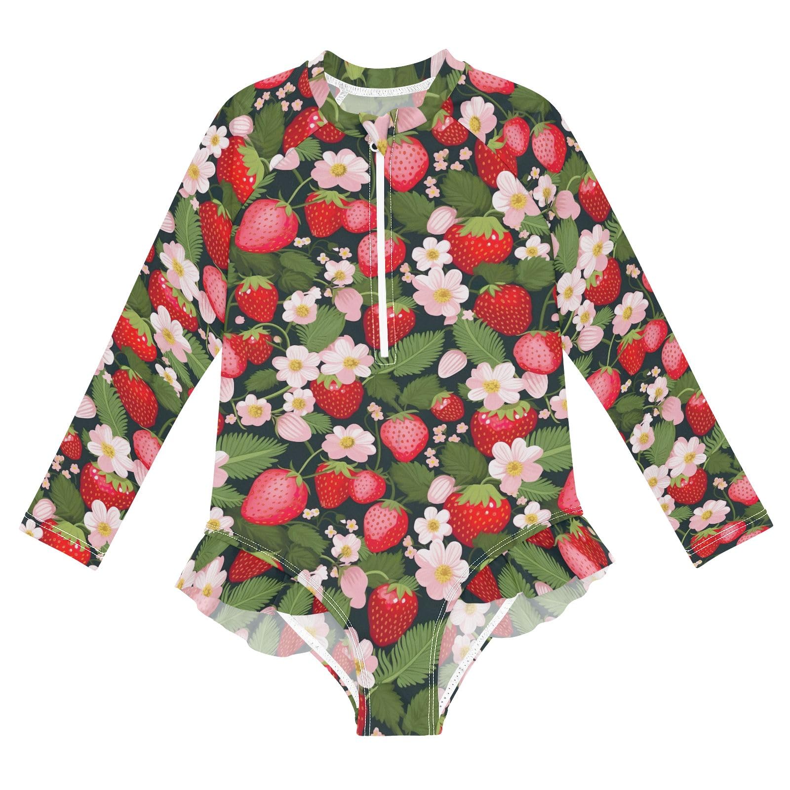 CHIFIGNO Cute Strawberries Leaves Girls Swimsuit One Piece Rash Guard UPF 50+ Long Sleeve Girls' Swimwear Sport Bathing Suit, Size 5-6