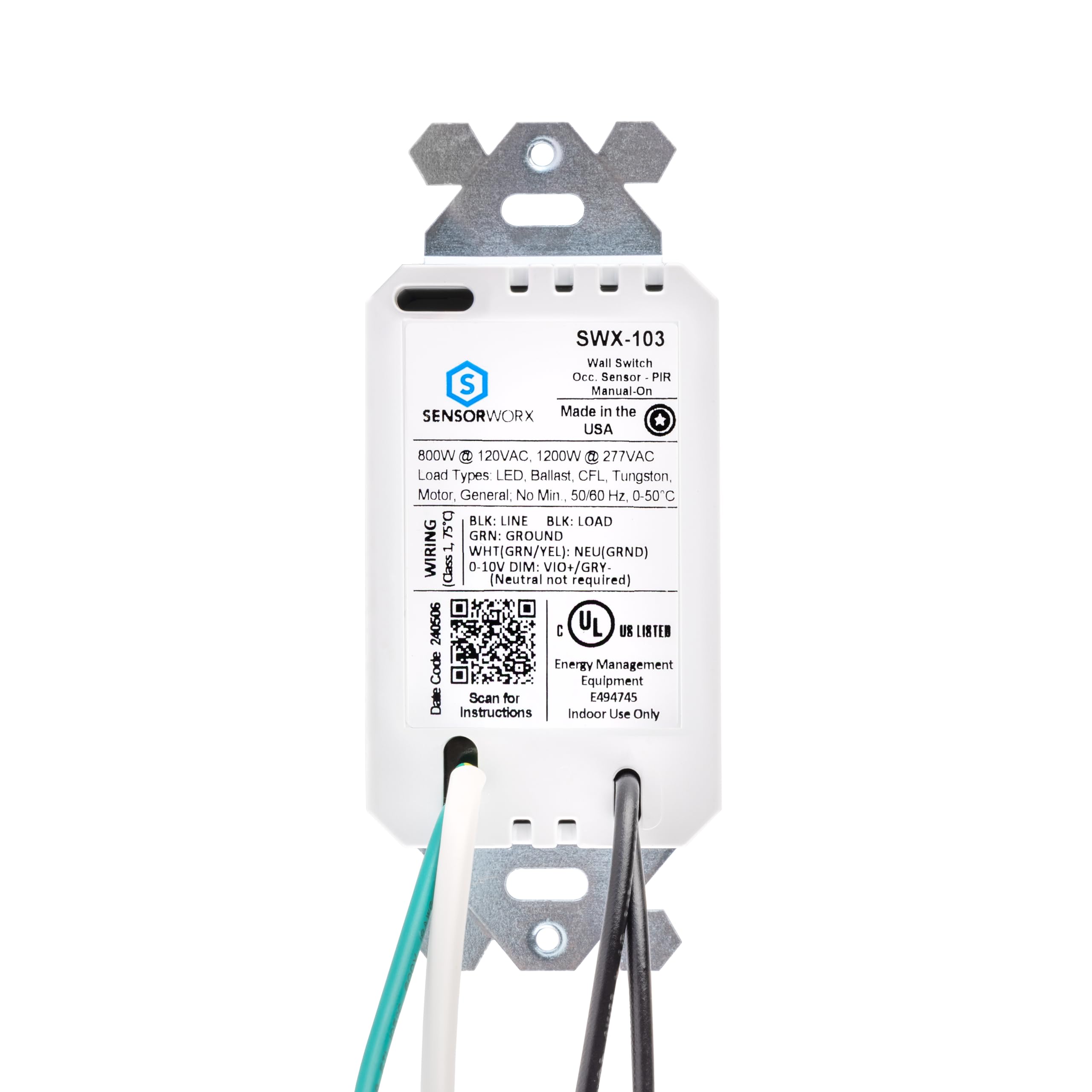 SWX-103-WH Interrupteur mural avec capteur de vacance Blanc – unipolaire et 3 voies, pas de neutre nécessaire, compatible LED, détection de mouvement PIR, marche/arrêt manuel, interrupteur