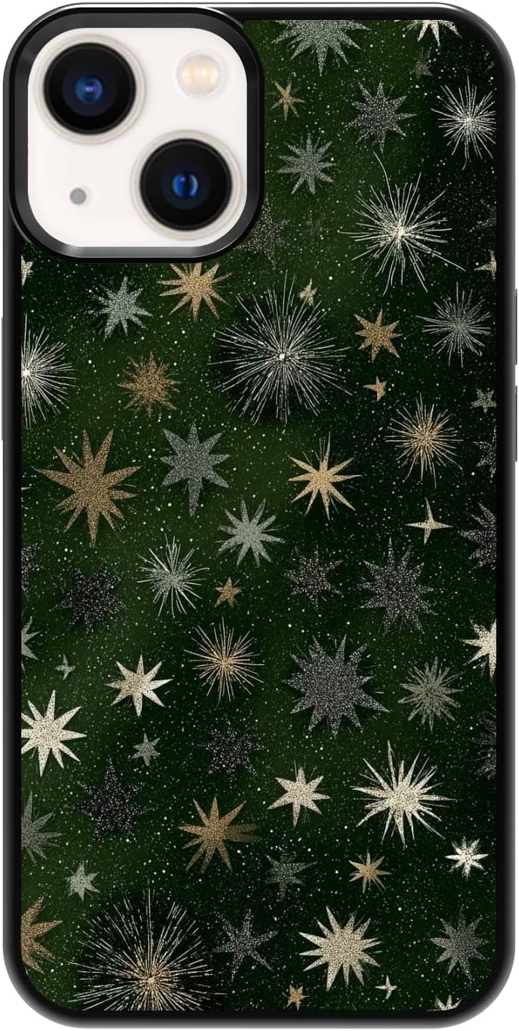 Dark Forest Green Galaxy Sparkling Starburst Firework Stars Phone Case, Shockproof Protective Cover for iPhone 11 12 13 14 15 16 17 Pro Max Plus Mini XR 7 8 SE