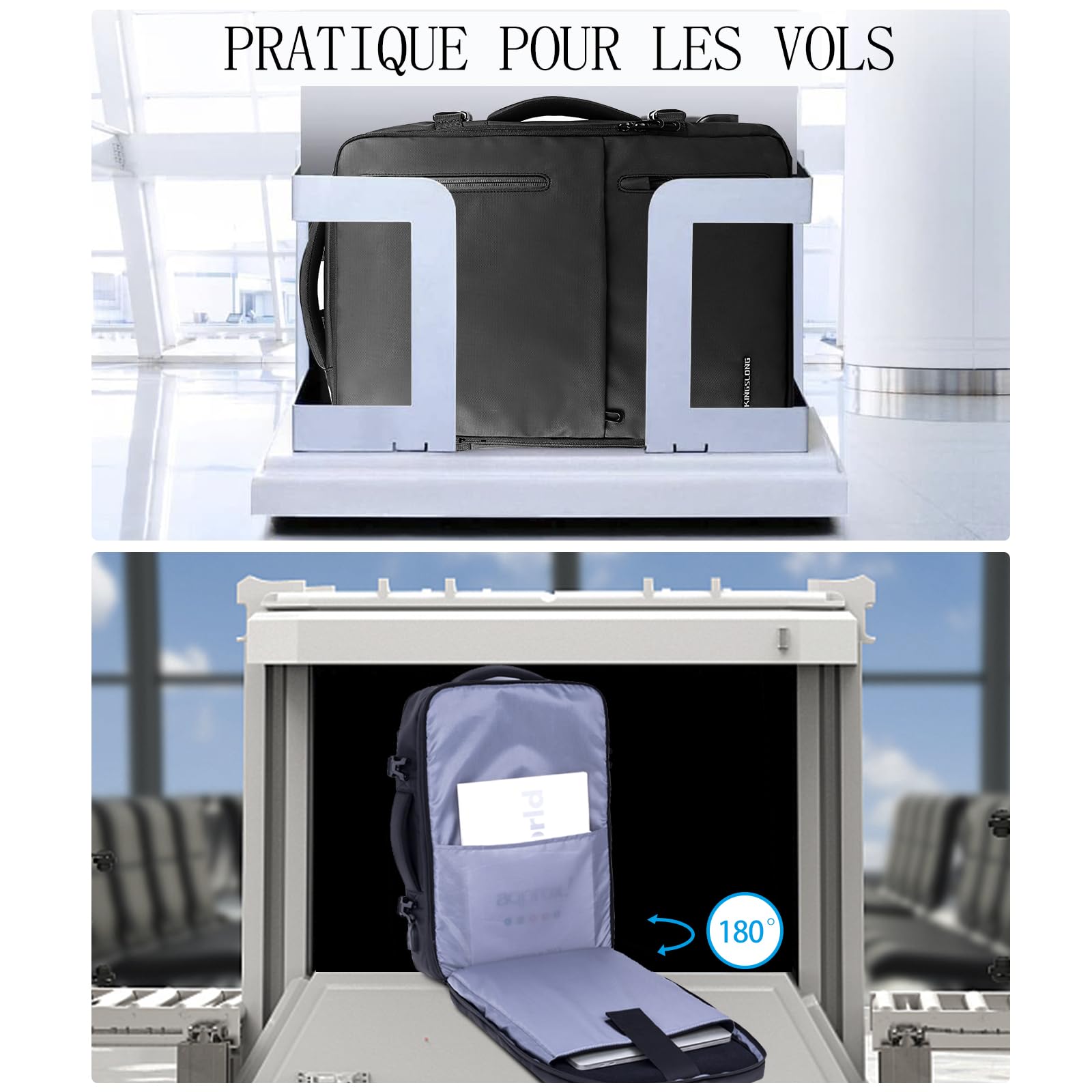 KINGSLONG Sac à Dos Cabine Avion avec Pompe à Vide Intégrée, Sac à Dos | Voyage Compression Sous Vide pour Homme, Extensible 46L, Sac Ordinateur Portable 19 Pouces, USB, Résistant à l'Eau, Business