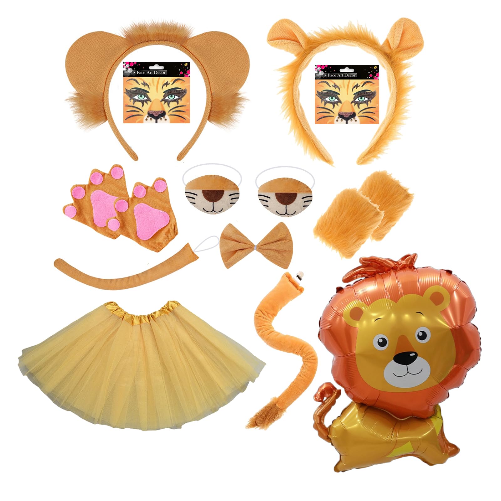 14 Pieces Lion Costume Set,Lion Fancy Dress Accessories,Animal Costume Kit with Headband Nose Tail Tutu face sticker for Books Day Birthday Carnival Stage Performance Halloween Christmas Cosplay