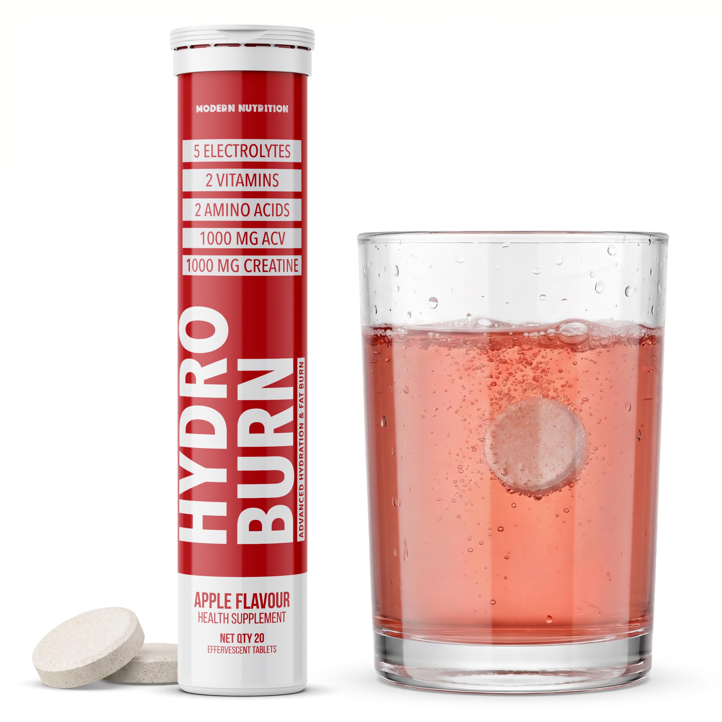 Hydro Burn | Advanced Hydration & Fat Loss | Creatine | Apple Cider Vinegar | 5 Electrolytes + 2 Vitamins + 2 Amino Acids | Instant & Sustained Energy | Supports Fat Reduction | Electrolyte Drink |40 Tabs