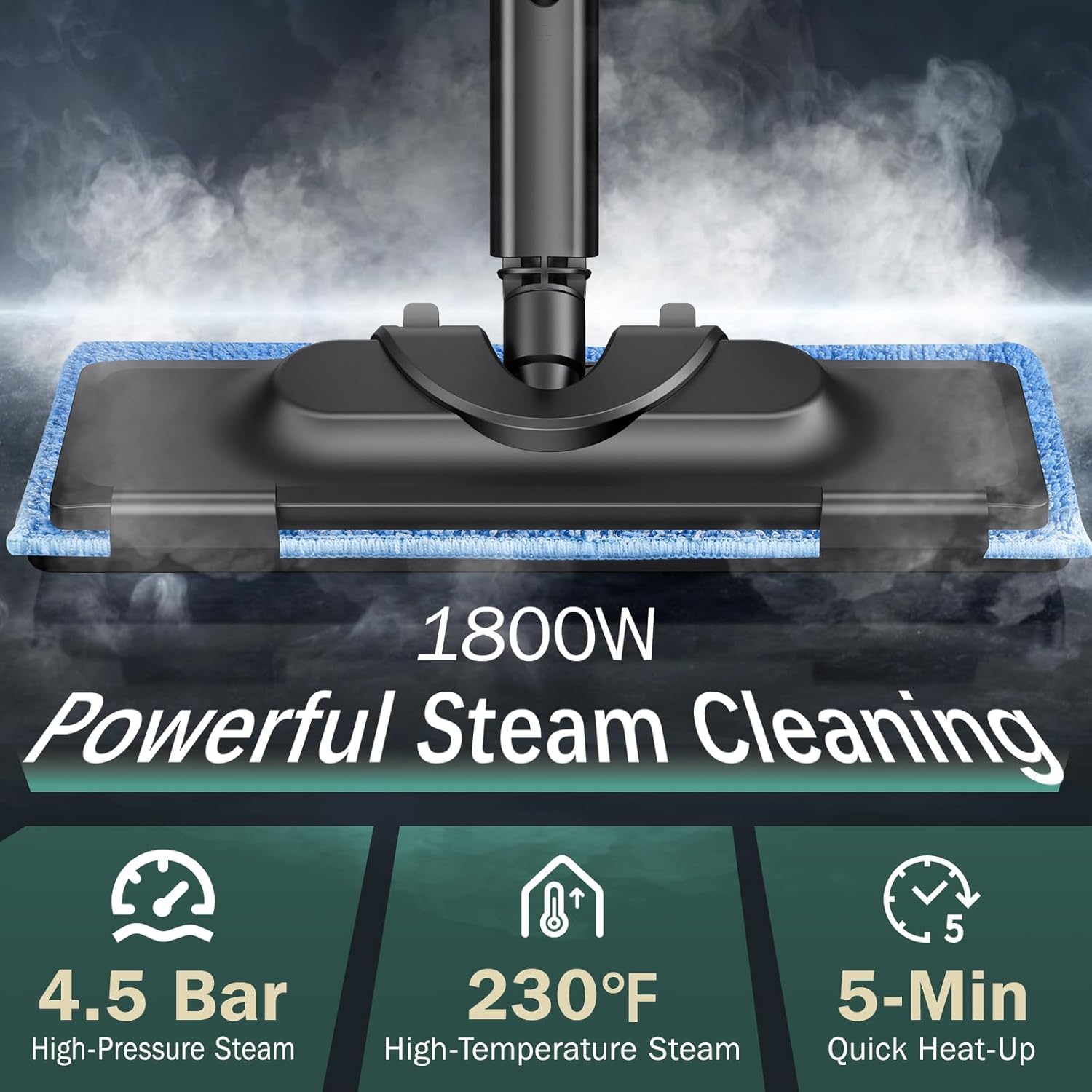 Graphic showing 1800W powerful steam cleaning with 4.5 Bar pressure, 230°F temperature, and 5-minute quick heat-up