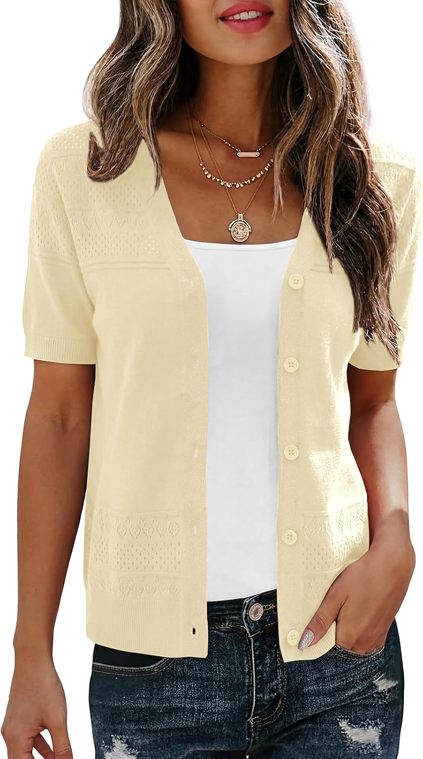 Veryoung Short Sleeve Cardigans for Women Lightweight Summer Crochet Button Down Cardigan V Neck Hollowed-Out Knit Sweater