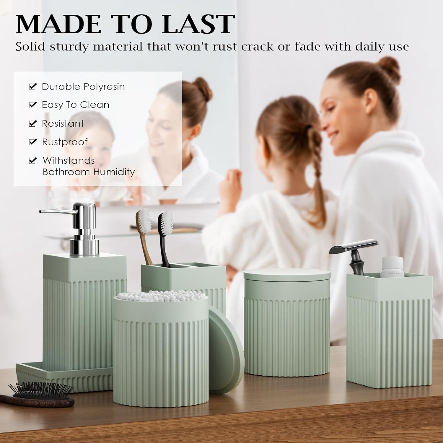 Bathroom Accessories Set, 6-Piece Resin Green Bathroom Set with Toothbrush Holders, Soap Dispenser, Vanity Tray, Tumbler, Cotton Swab Jars, Modern Bathroom Organizer for Small Spaces