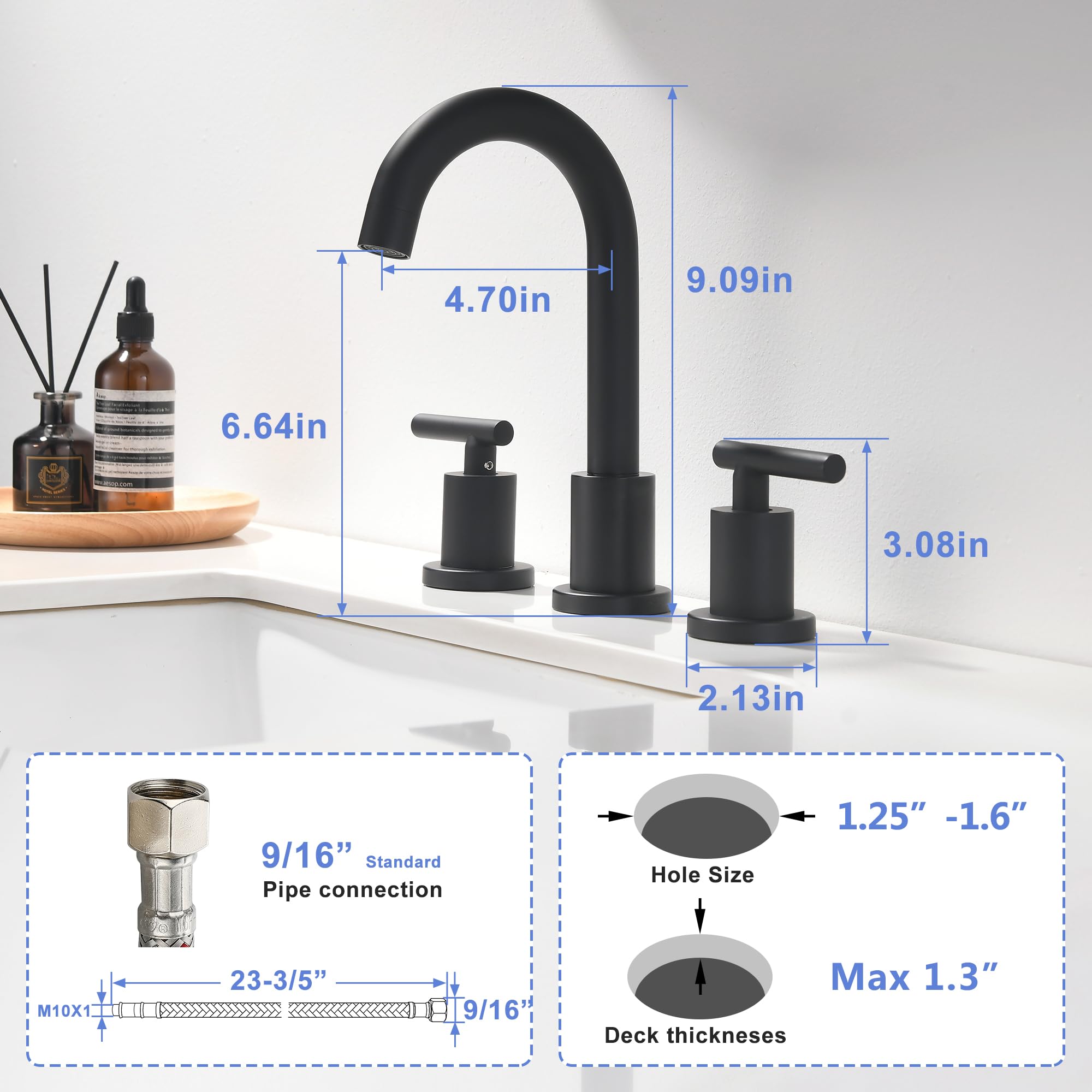 Two Handle Widespread Bathroom Sink Faucet - 3 Hole Vanity Faucet with Pop-Up Drain cUPC Faucet Supply Lines — view 6