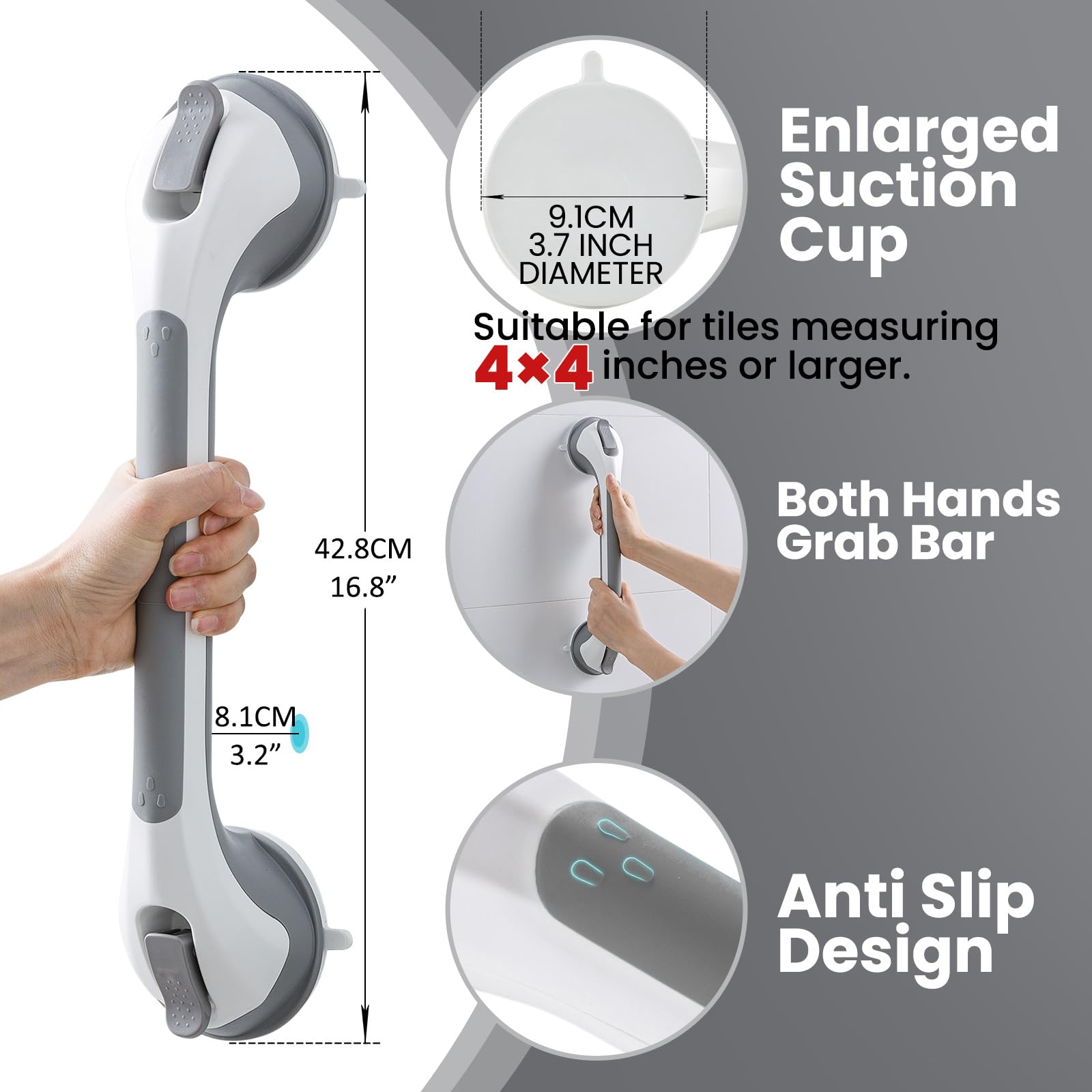 TAILI 43 CM y 31 CM Agarraderas Baño para Mayores, MAX 110 KG Asidero Baño Ventosa, Agarrador Ducha Personas Mayores, Seguridad para Ancianos, Discapacitados, Súper Fuerte Succión Asa Ducha - Gris