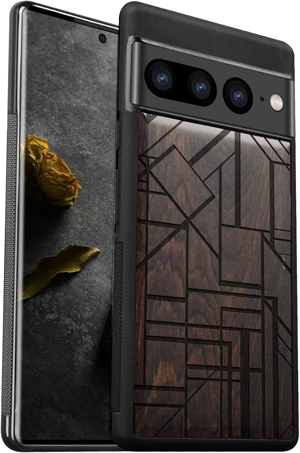 Carveit Wood Case for Pixel 7 Pro Case [Natural Wood & Black Soft TPU] Shockproof Protective Unique Wooden Cover Compatible with Google Pixel 7 Pro (Geometric Figure-Blackwood)