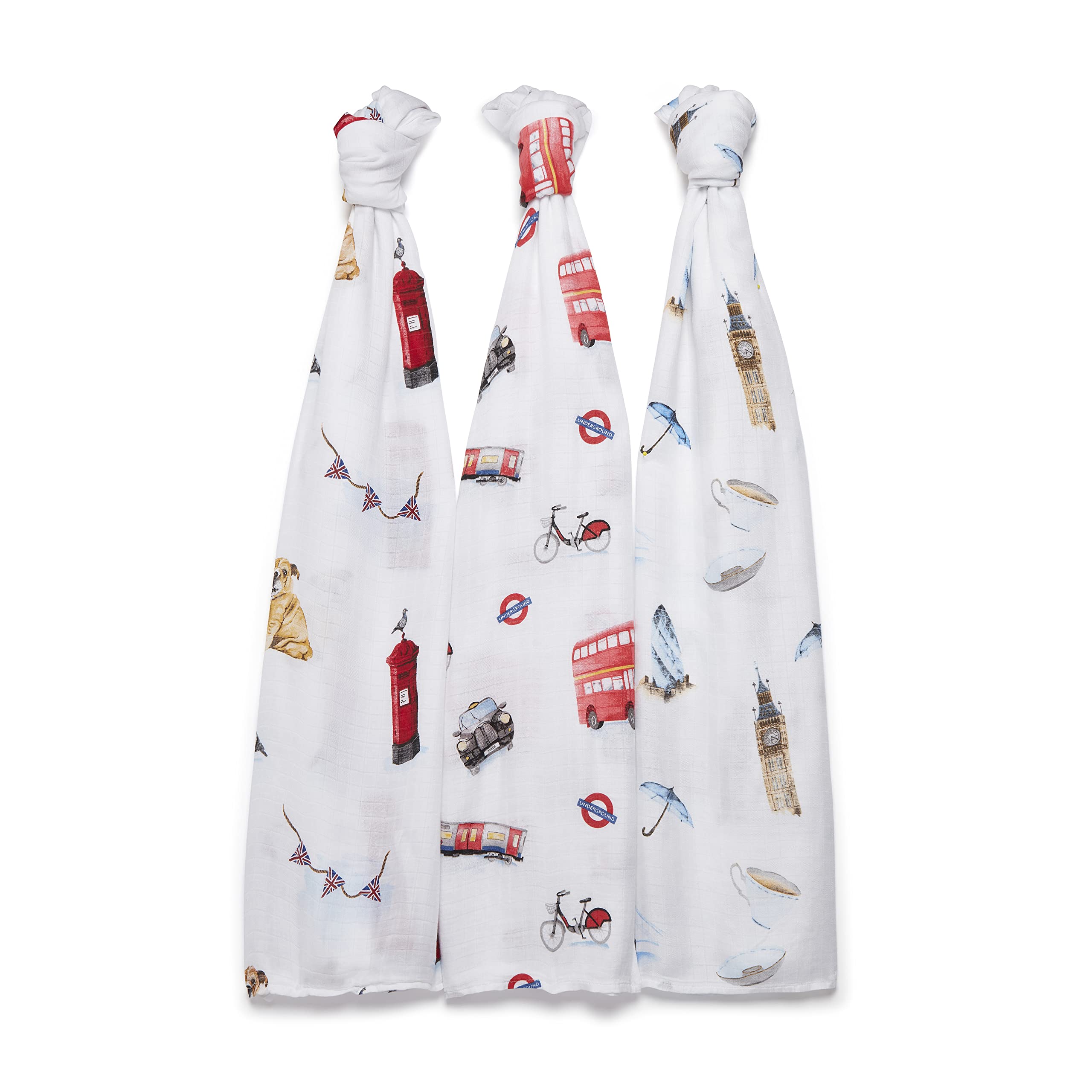 Panda® Paquete de 3 mantas de muselina de bambú para bebé, 120 x 120 cm, Londres, suave, transpirable y suave, multiusos, esencial para bebés y niños, gran regalo para recién nacidos, calma y