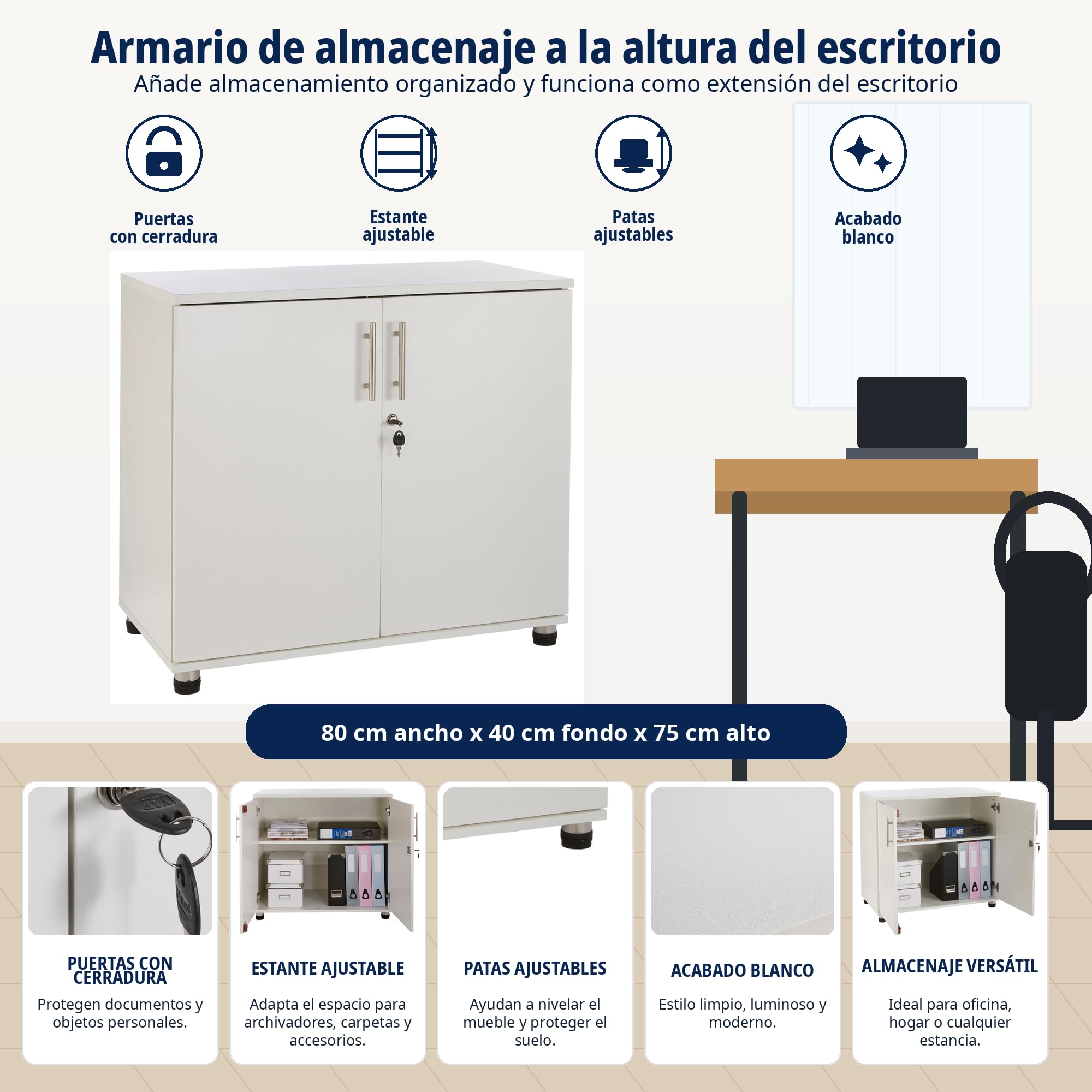 MMT Armario Blanco Para Oficina En Casa, Armario Multiusos Con Estanteria Con Puertas, Archivador De Documentos Con Bloqueo De Llave, 2 Estantes, 80x40cmx75 Centimetre, Madera Blanca