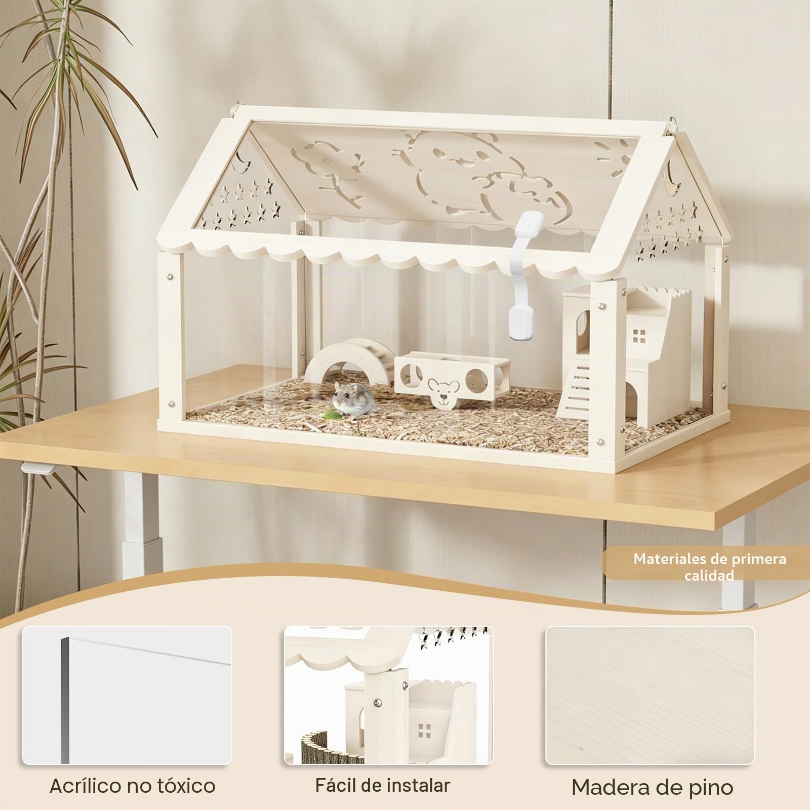 Jaula de hámster de madera para hámster de 60 x 30 x 40 cm con escondite estilo villa, puente de arco y paso, jaula transparente para hámsters sirios, hámsters enanos y conejillos de indias