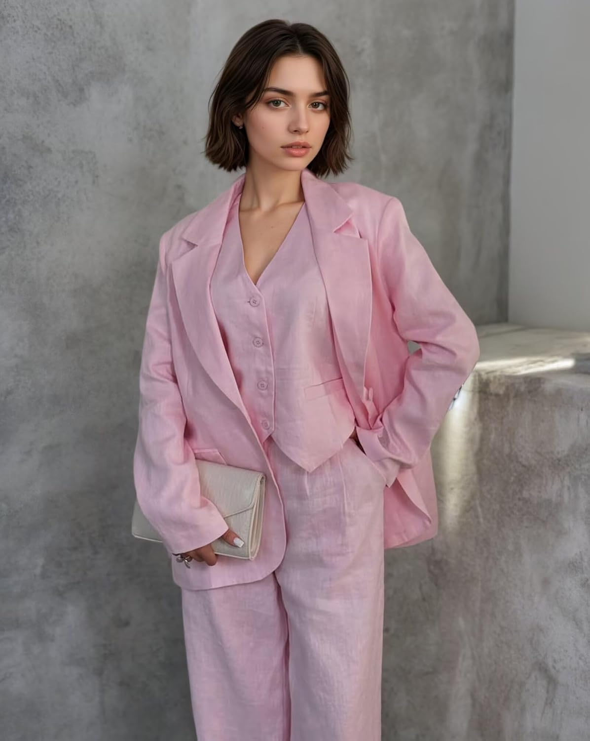 Linen 3 Piece Suits for Women Summer Dressy Casual Womens Pant Suit Wedding Guest Blazer Vest Pants