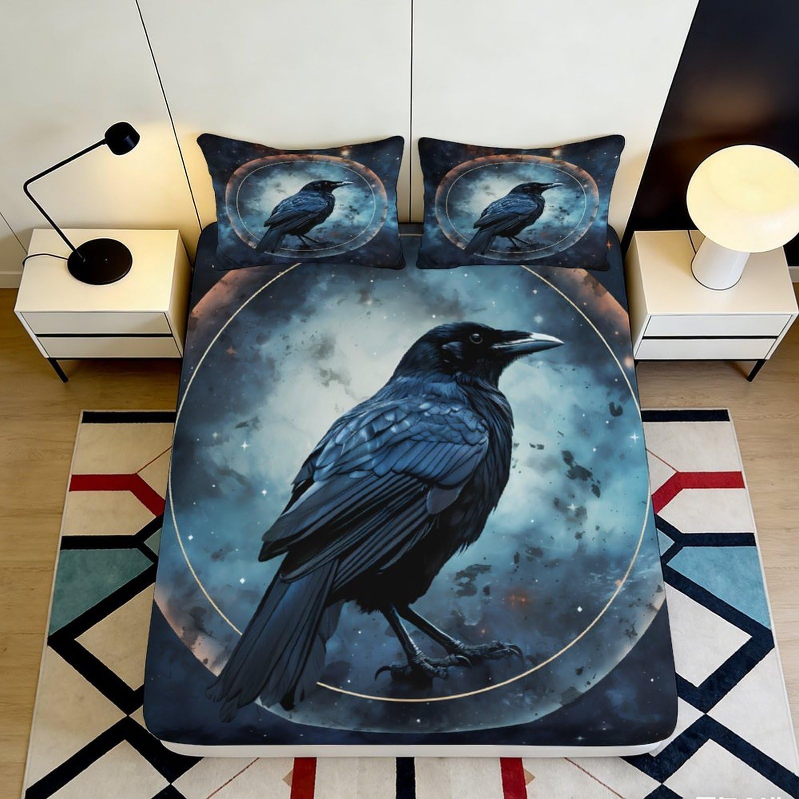 3D Printed Raven Fitted Sheet Microfiber Soft Breathable Cosmic Nebula Mattress Cover for Bedroom Dormitory Guest Room Bed Protection 140x200x25cm
