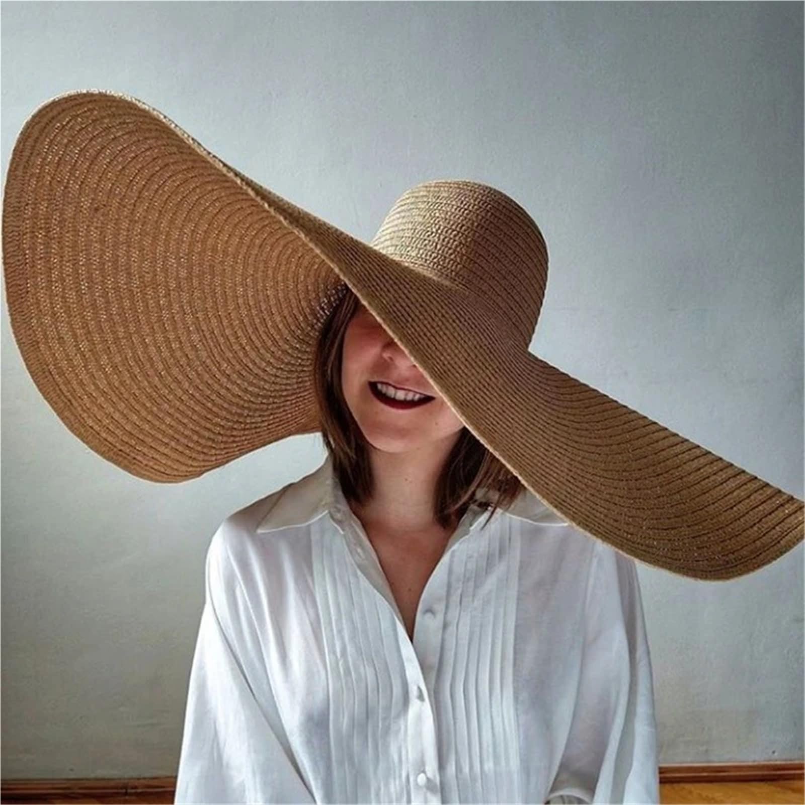 Sombrero de Playa de ala Ancha Extragrande for Mujer, de 70 cm, con protección UV, Plegable, de Paja